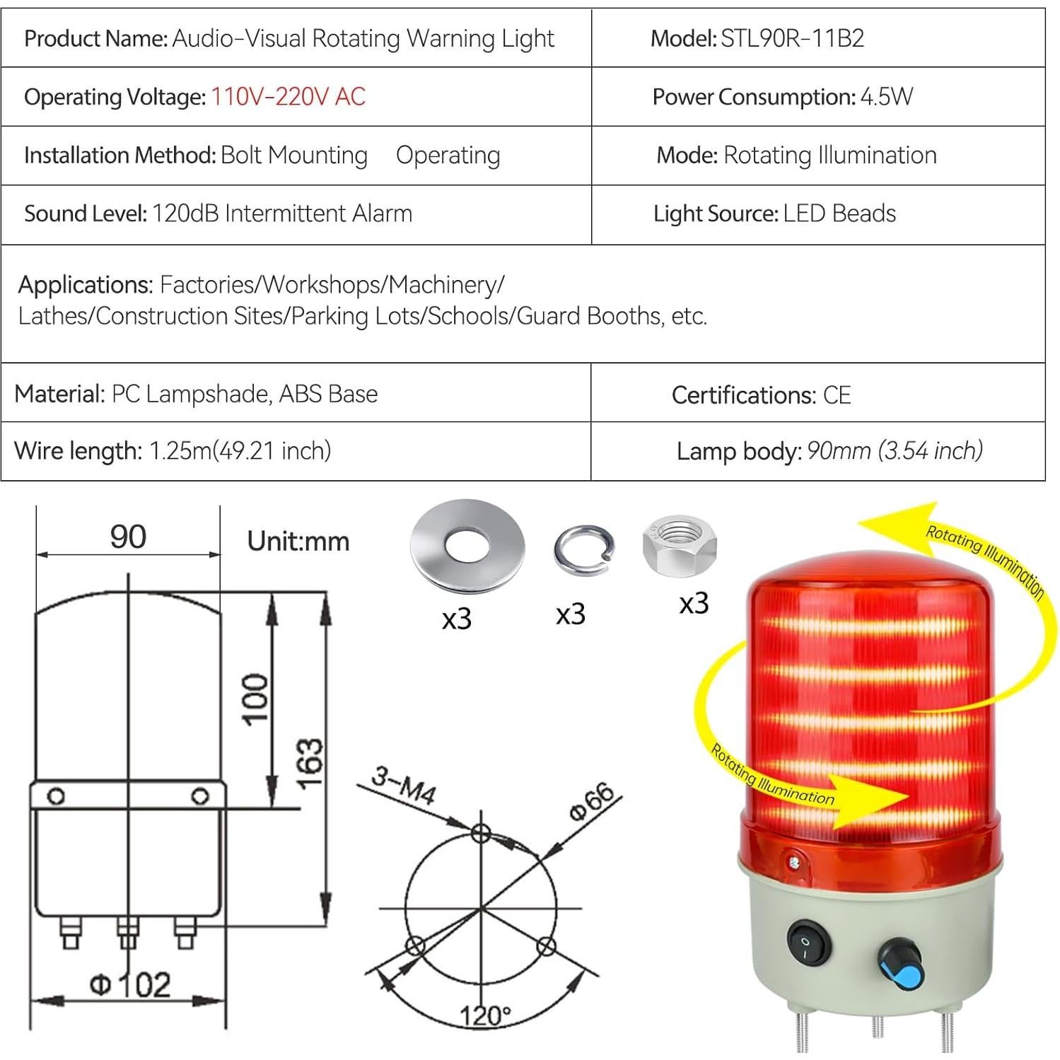 Luz de Advertencia LED Rotativa ZGSZJHF 110V CA Roja 120dB