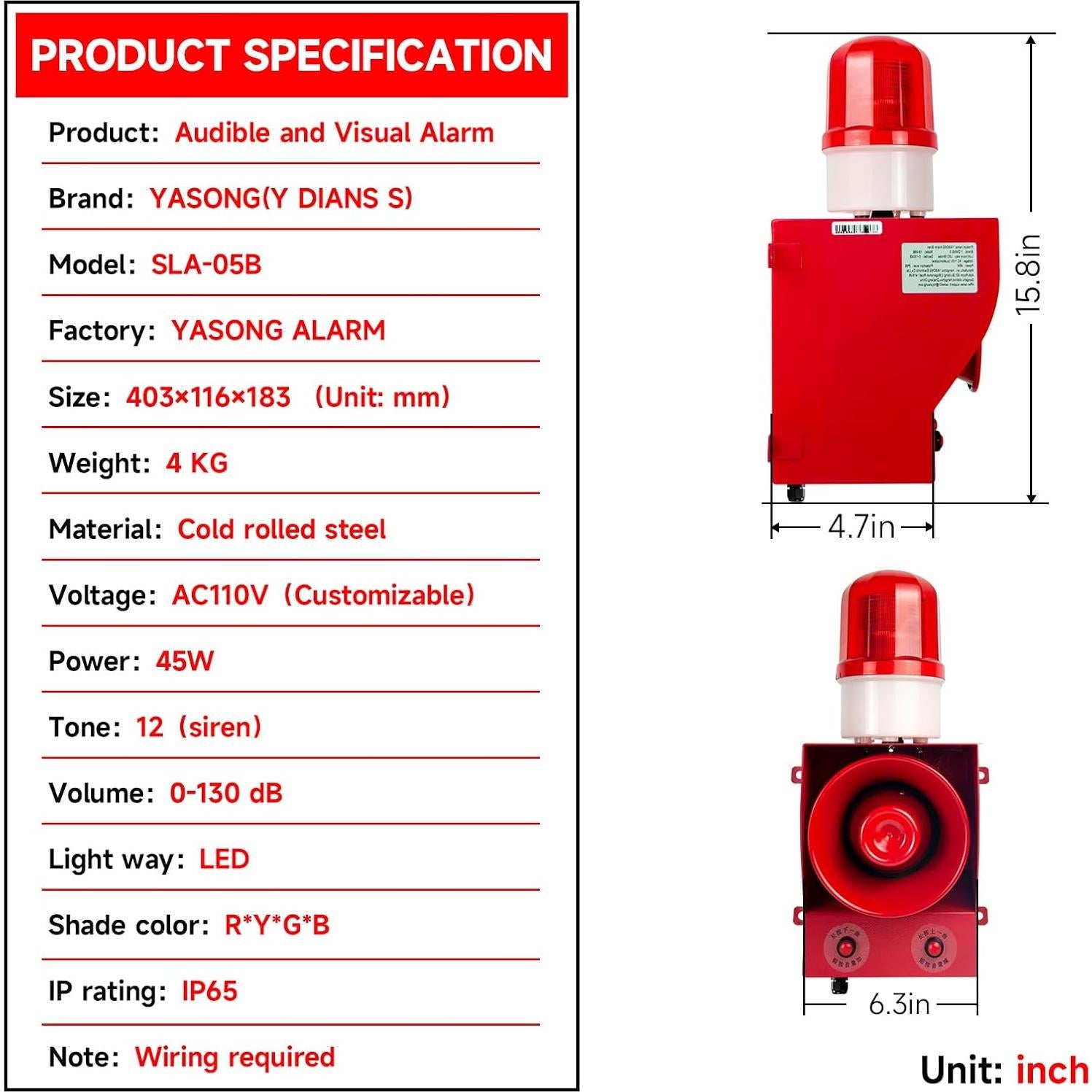 Sirena de Alarma Exterior 130dB 12 Tonos SLA-05B 45W IP65