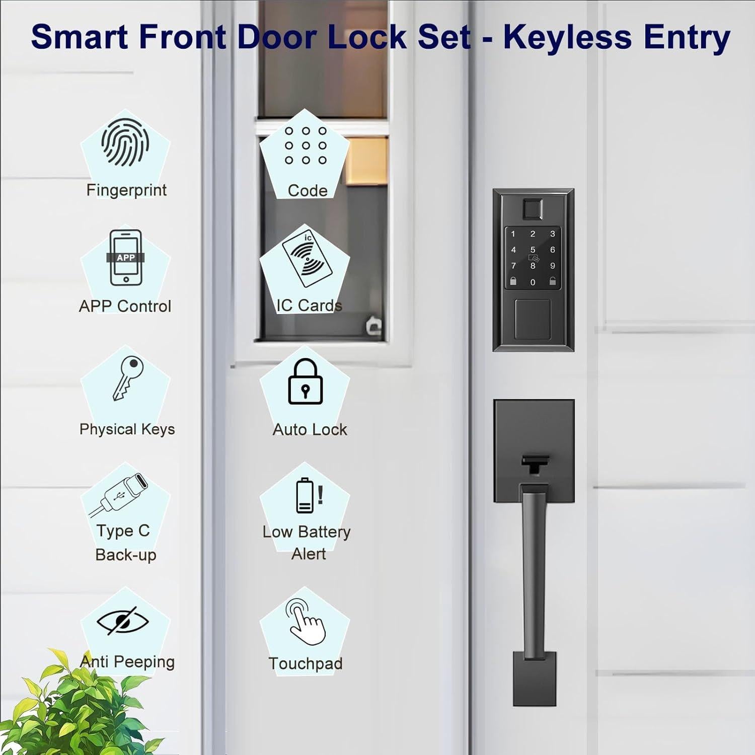 Smart Locks for Front Door with Handle Knob Set, Keyless Entry Door Lock, Fingerprint & App Control, Touchscreen Keypad Deadbolt, Auto Lock, Matte Black