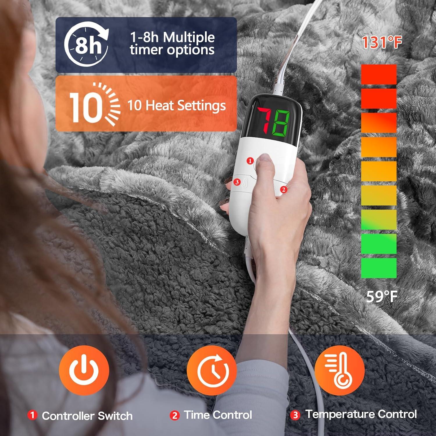 Manta Eléctrica OCTROT Queen Fleece Sherpa 10 Niveles Calor