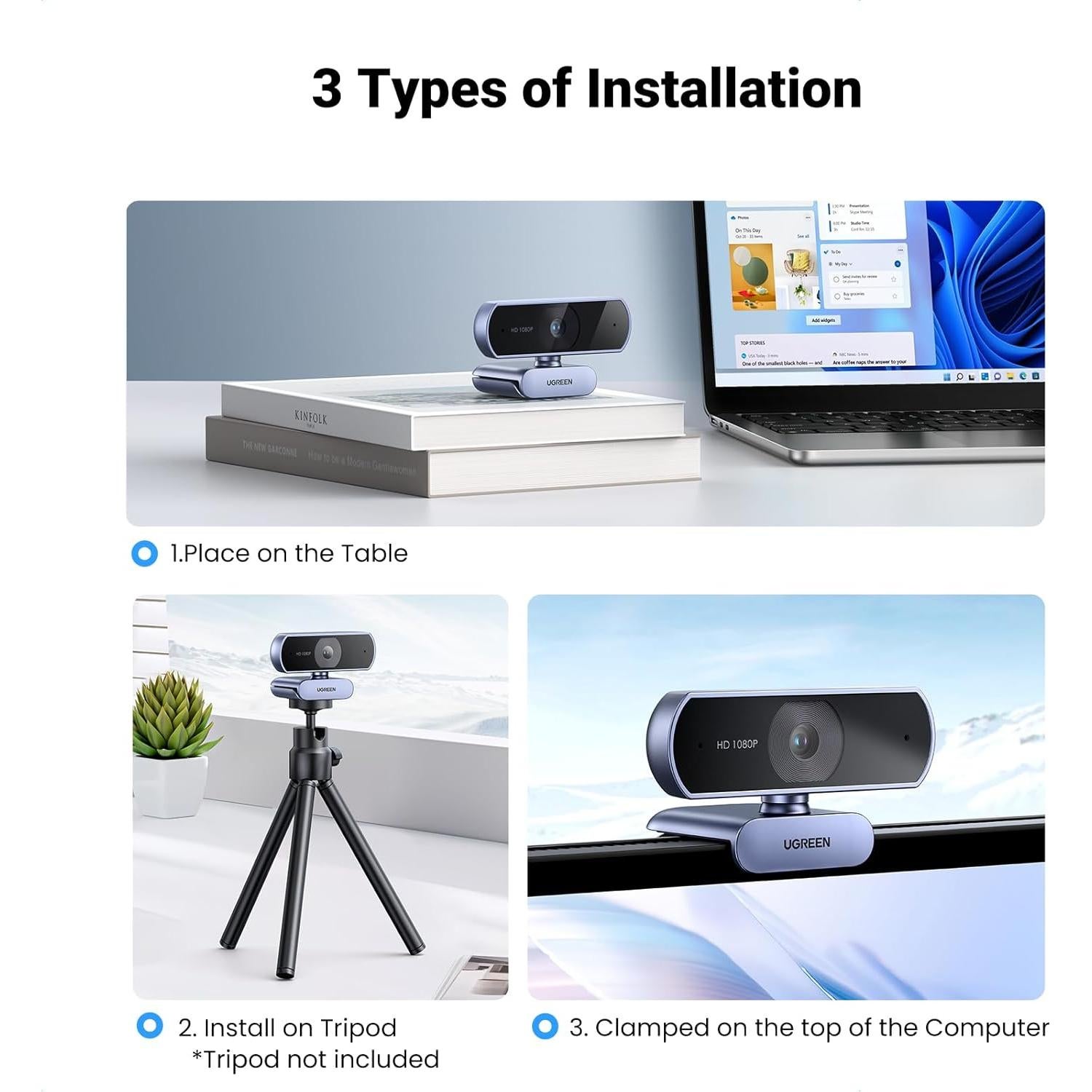 Webcam UGREEN 1080P con Micrófono y Ajuste Automático de Luz