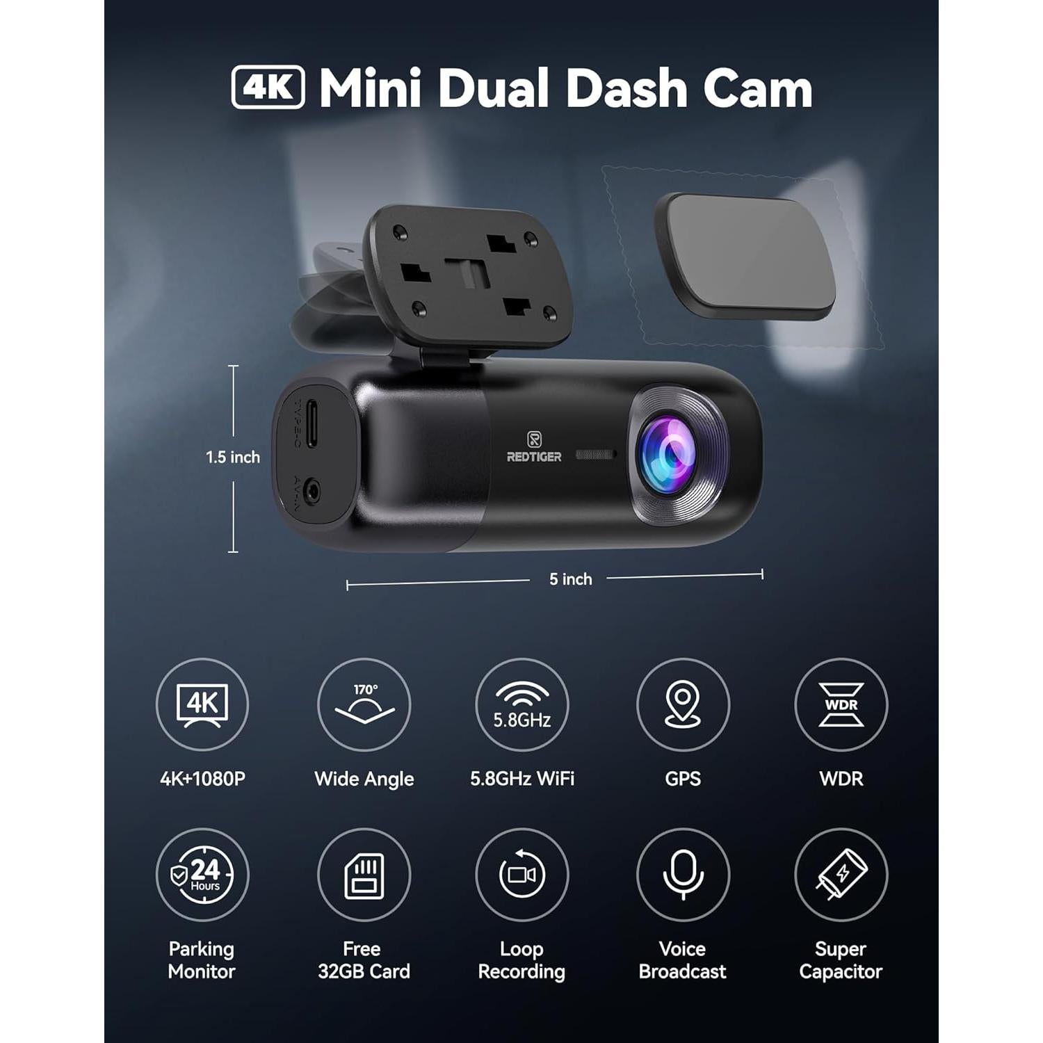 Cámara Dash REDTIGER F9 4K y 1080P Doble, WiFi GPS