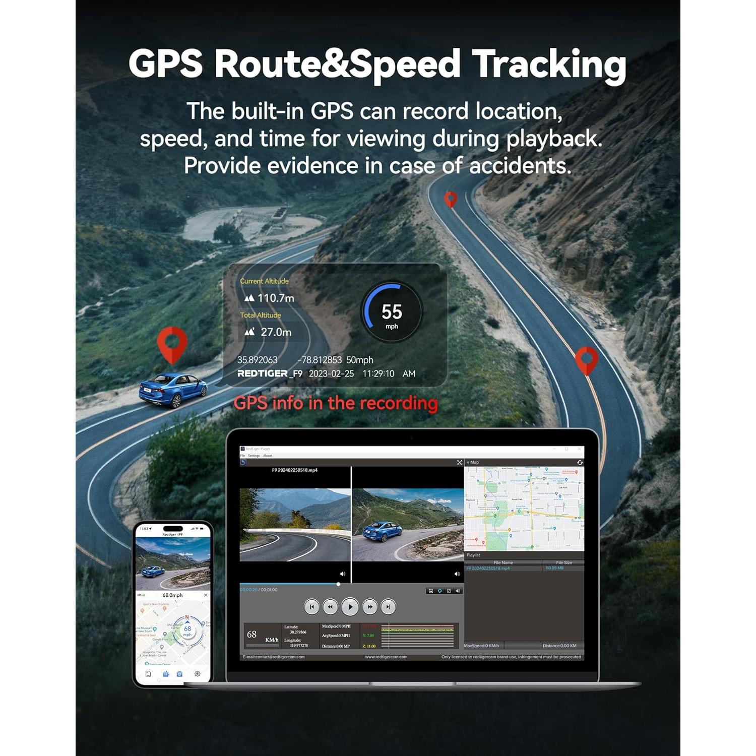 Cámara Dash REDTIGER F9 4K y 1080P Doble, WiFi GPS