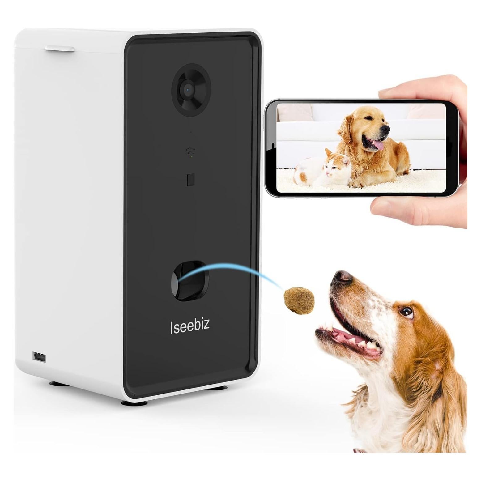 Dispensador de golosinas y cámara Iseebiz 1080P para mascotas