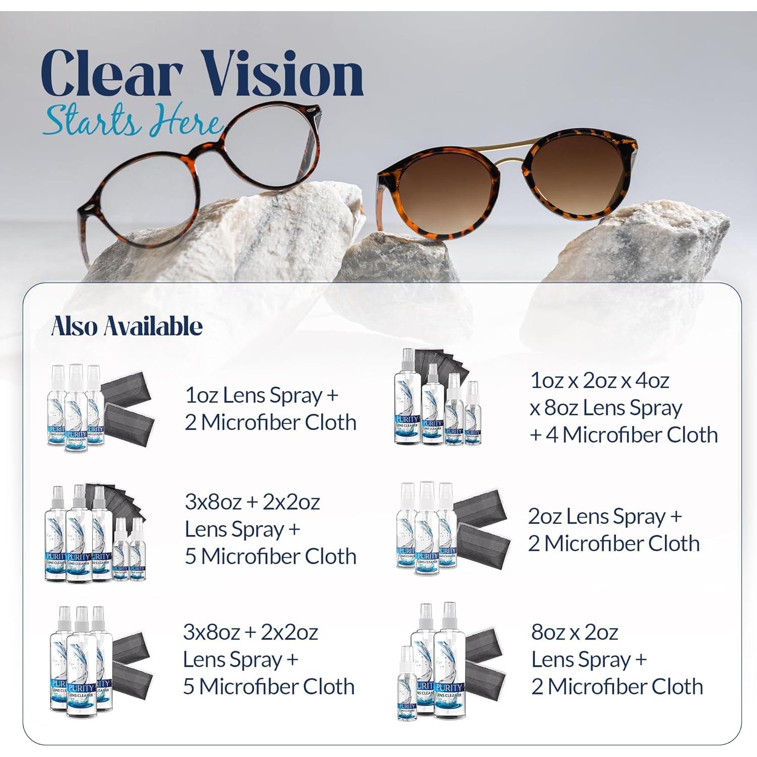 Kit Limpiador de Lentes Purity - 2x59ml + 3x236ml + 5 Paños