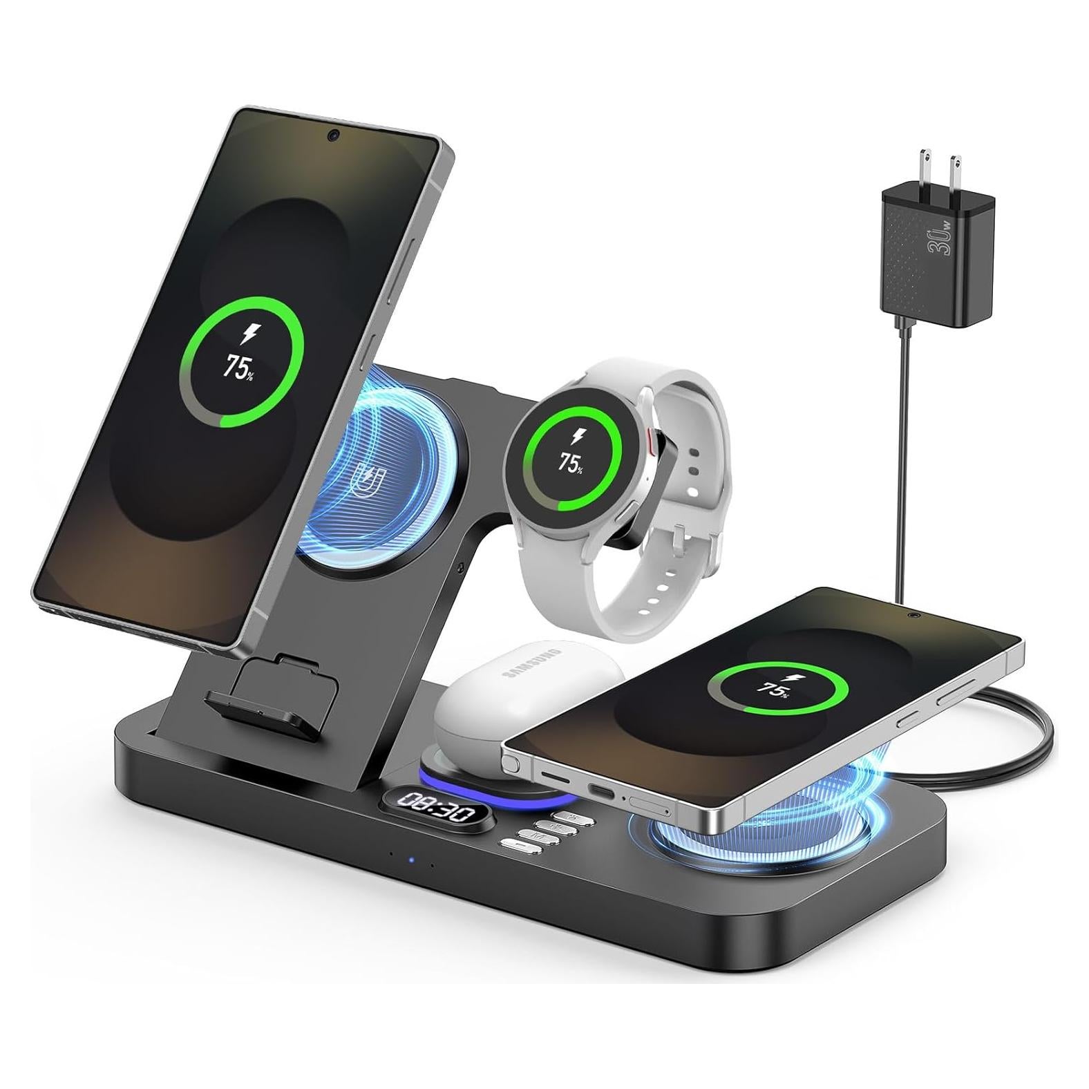 Cargador Inalámbrico 6 en 1 YiJYi 30W con Reloj y Luz Nocturna