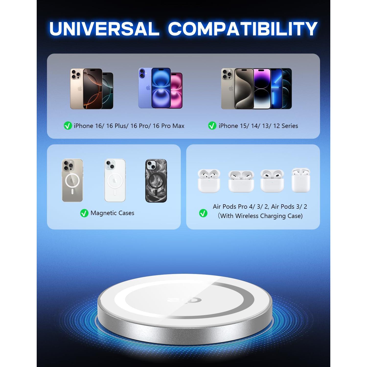 Cargador Inalámbrico Mag-Safe Yootech 15W Qi2 Plata