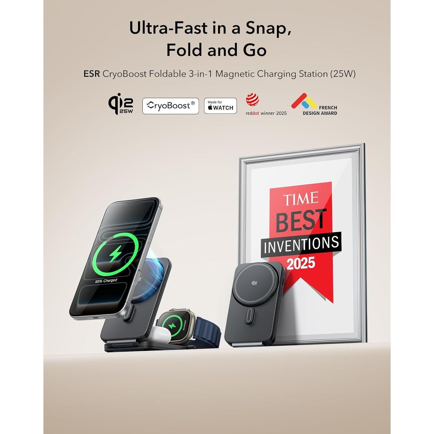 Cargador Inalámbrico 3 en 1 ESR Qi2.2 25W Negro