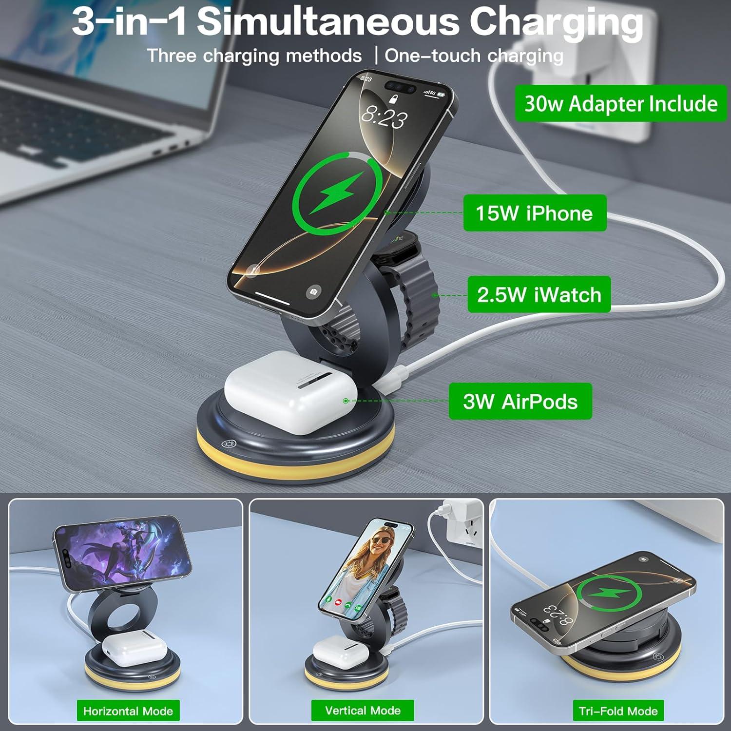 Cargador Inalámbrico 3-en-1 ZealSound Magnético 15W con Luz