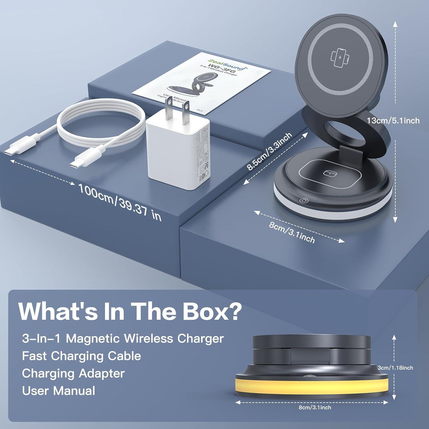 Cargador Inalámbrico 3-en-1 ZealSound Magnético 15W con Luz