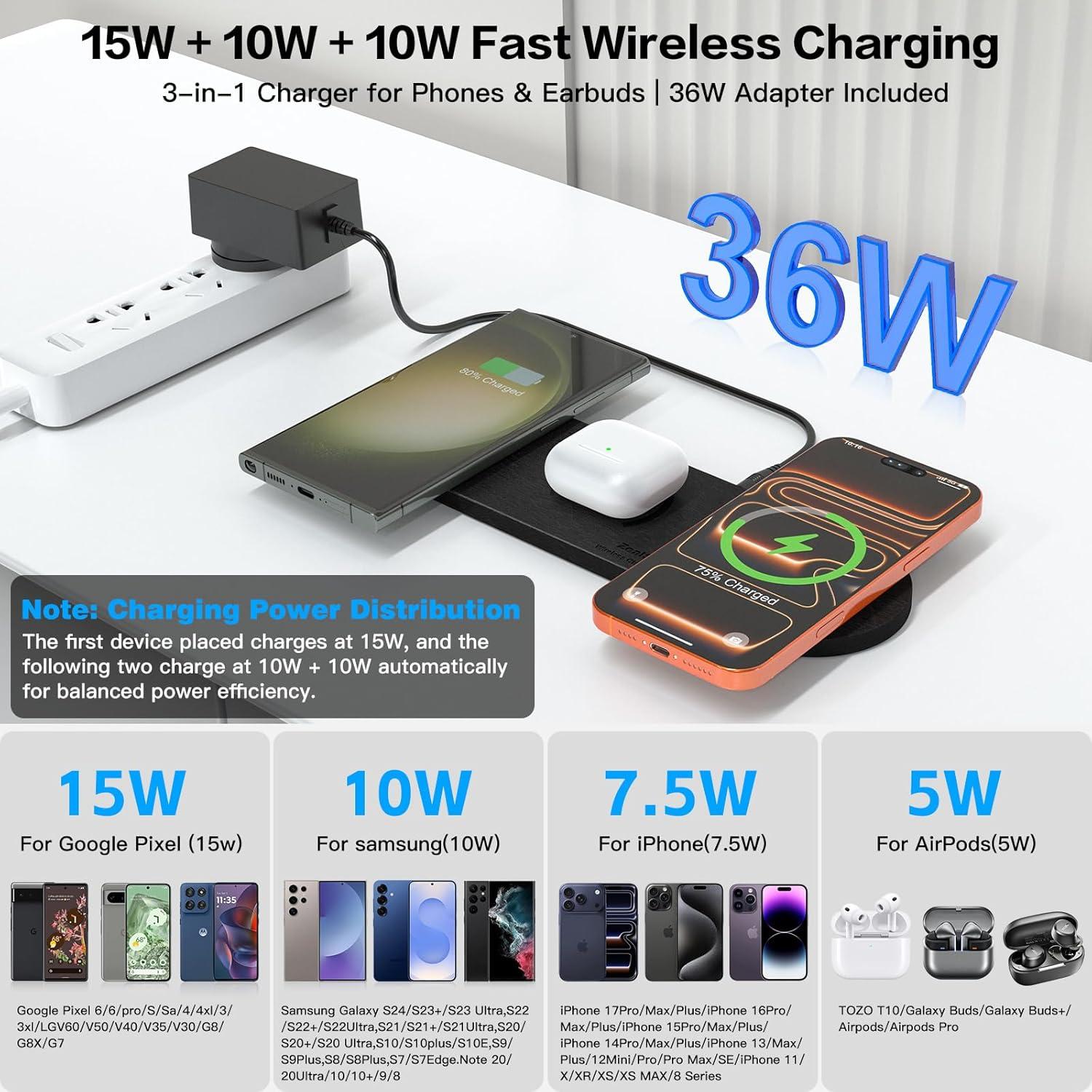 Cargador Inalámbrico 3 en 1 ZealSound Negro PU Cuero