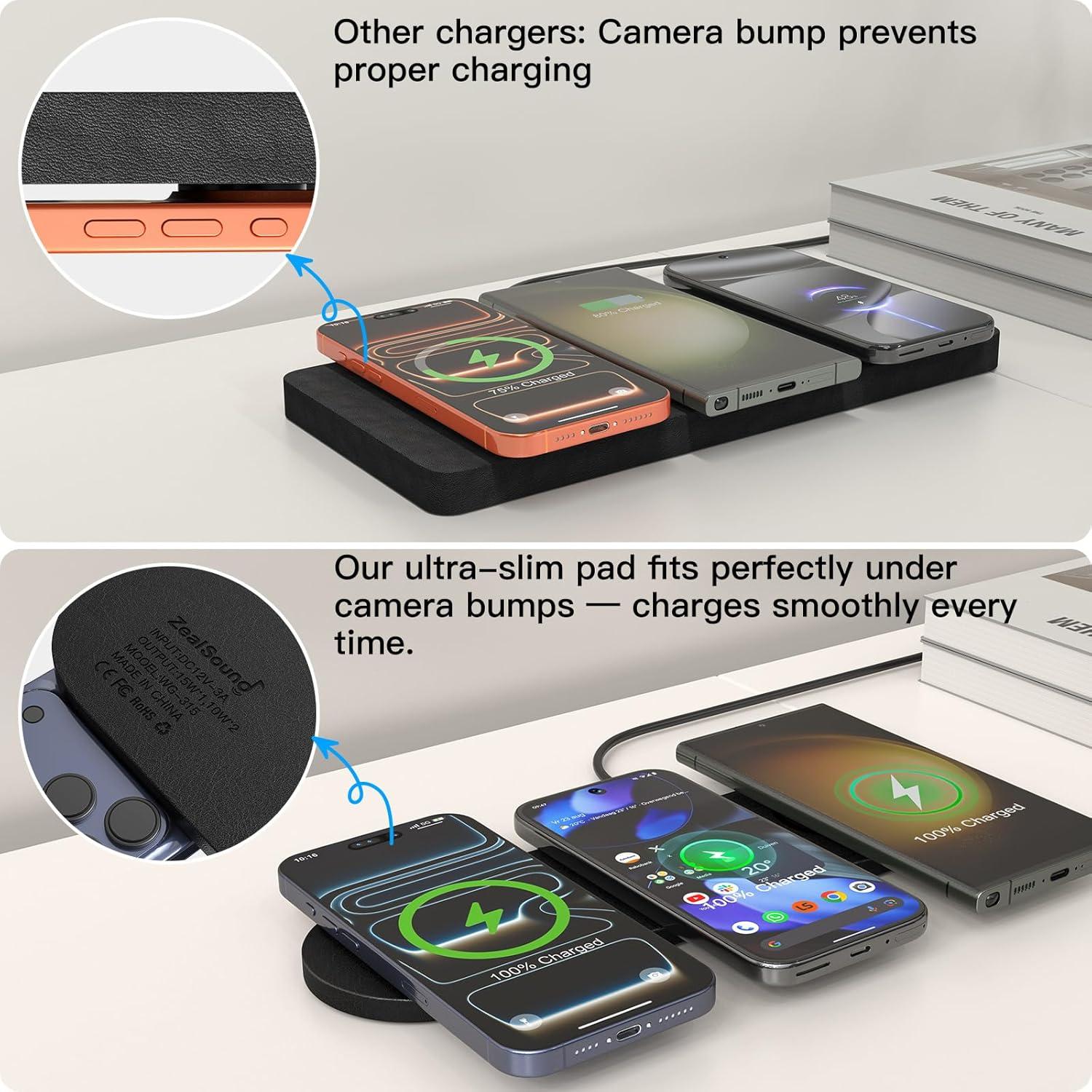 Cargador Inalámbrico 3 en 1 ZealSound Negro PU Cuero