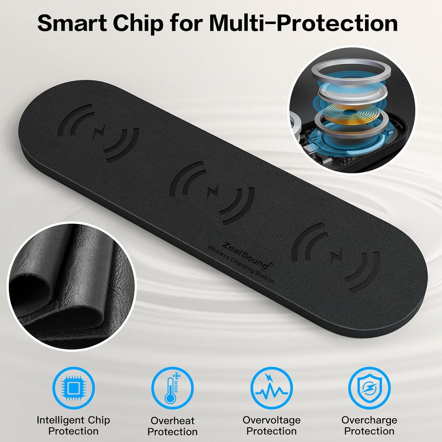 Cargador Inalámbrico 3 en 1 ZealSound Negro PU Cuero