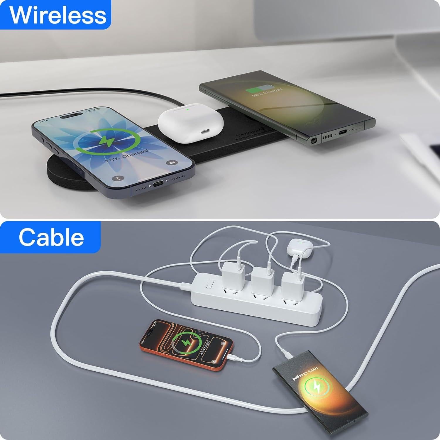 Cargador Inalámbrico 3 en 1 ZealSound Negro PU Cuero