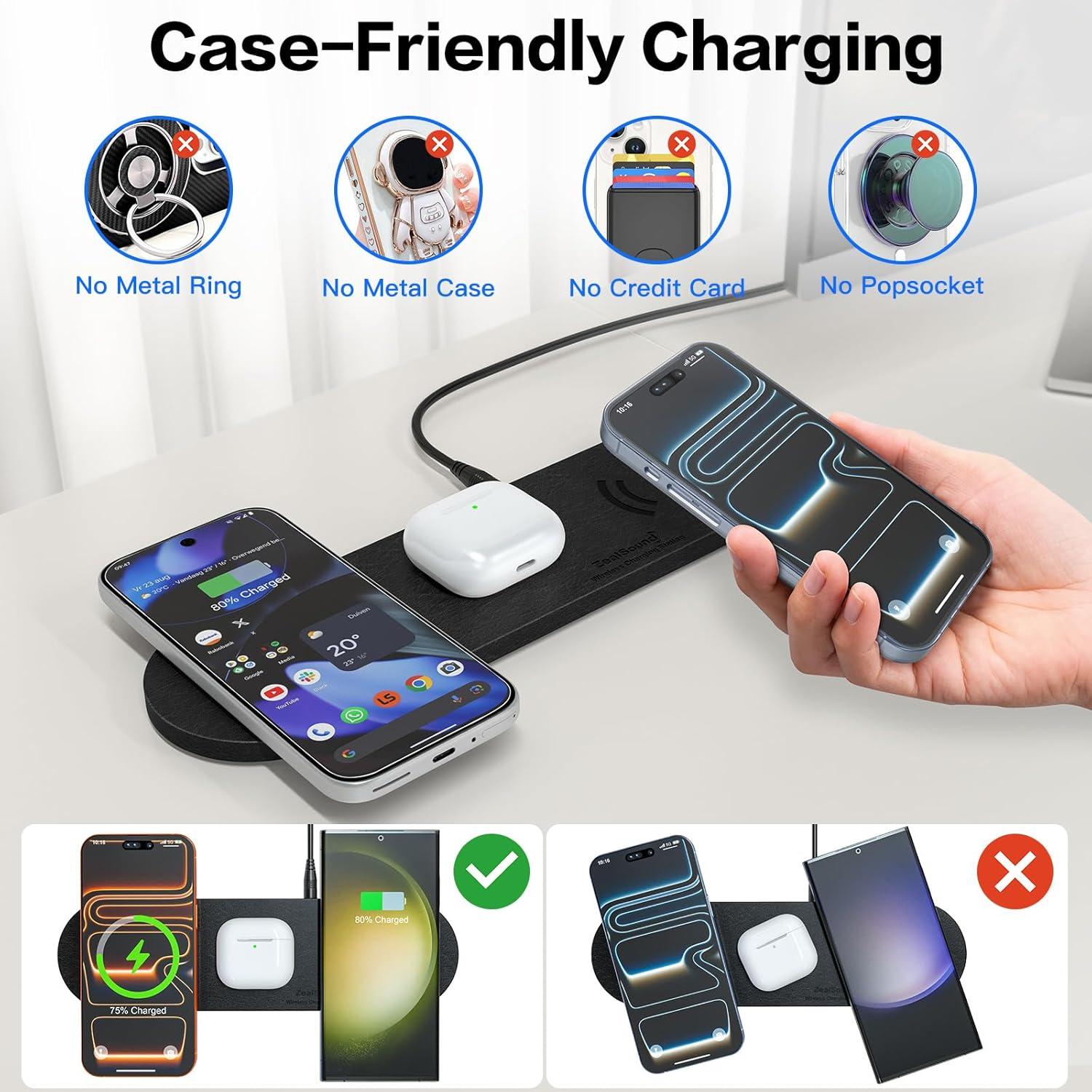 Cargador Inalámbrico 3 en 1 ZealSound Negro PU Cuero