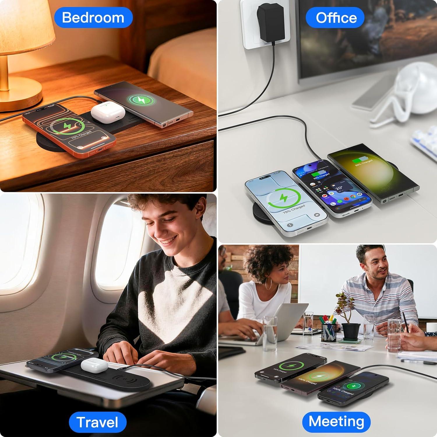 Cargador Inalámbrico 3 en 1 ZealSound Negro PU Cuero