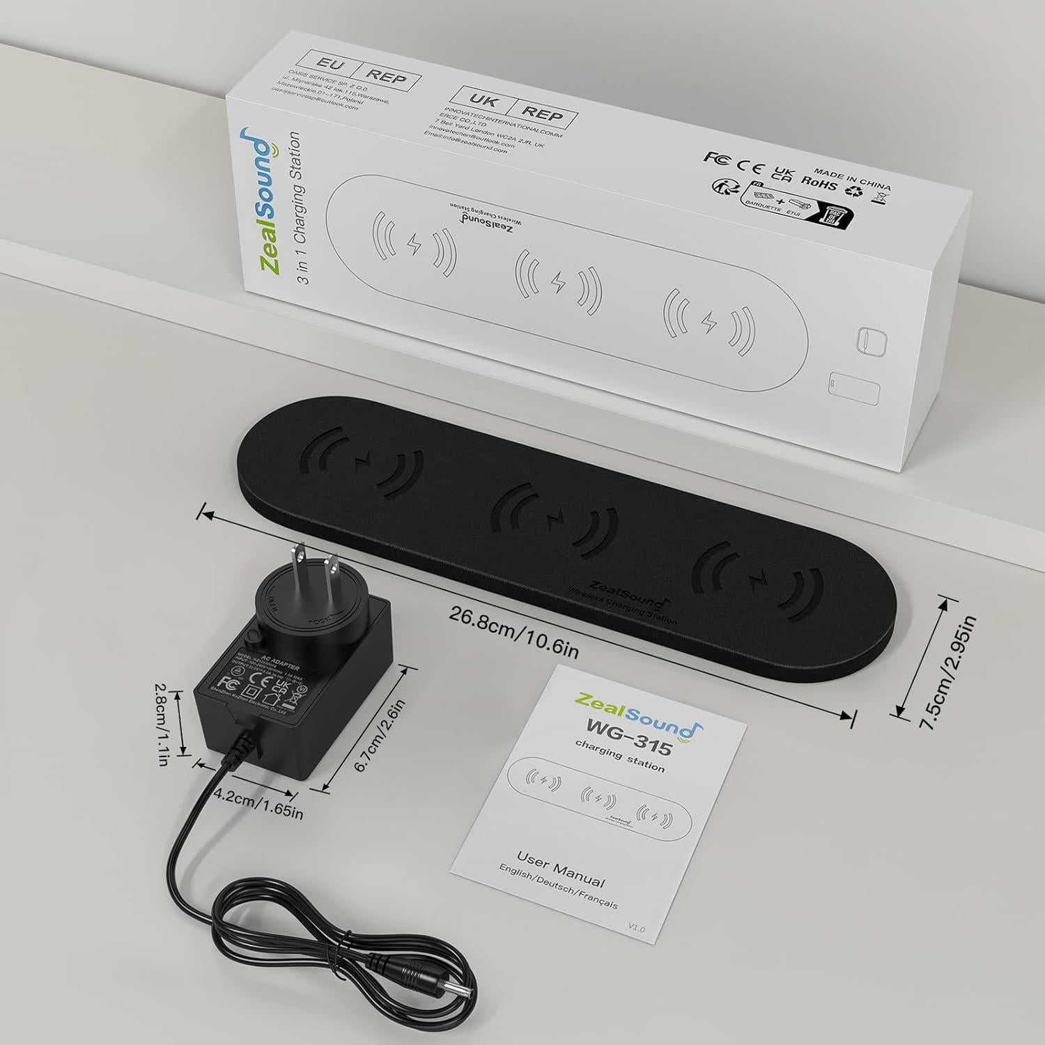 Cargador Inalámbrico 3 en 1 ZealSound Negro PU Cuero