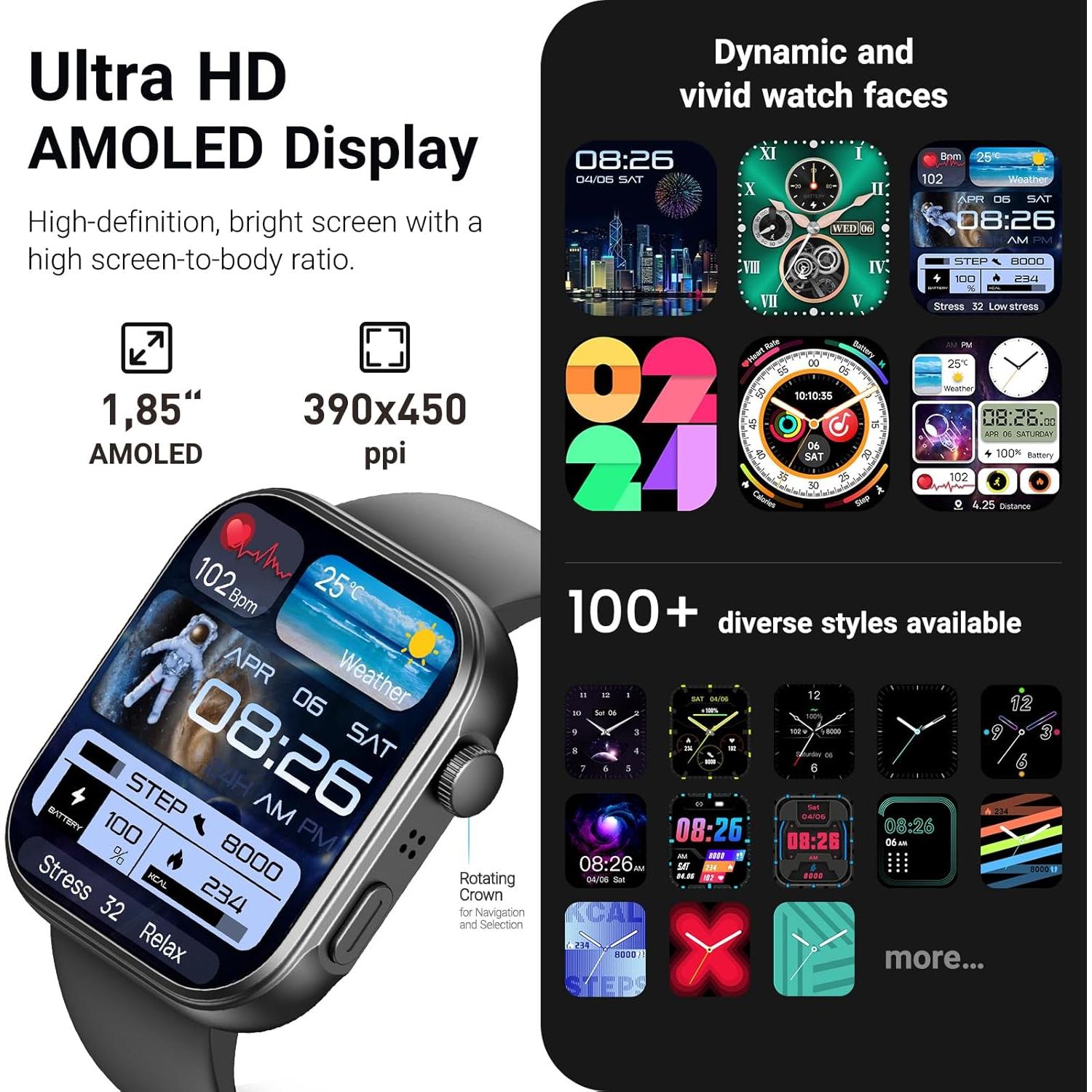Reloj Inteligente TOZO S6 AMOLED 1.85" Bluetooth IP68 Negro