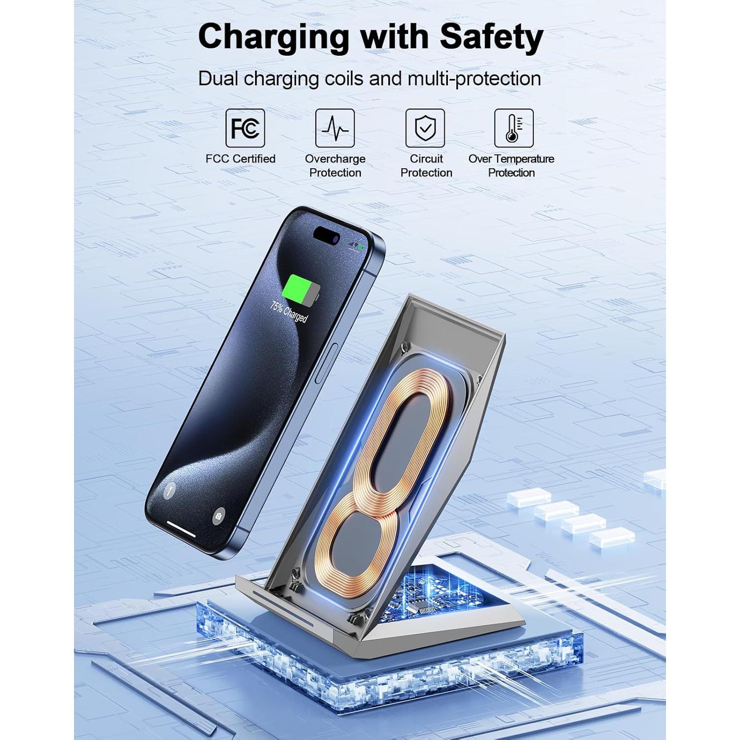 Cargador Inalámbrico Rápido NANAMI 20W con Soporte Qi Plata