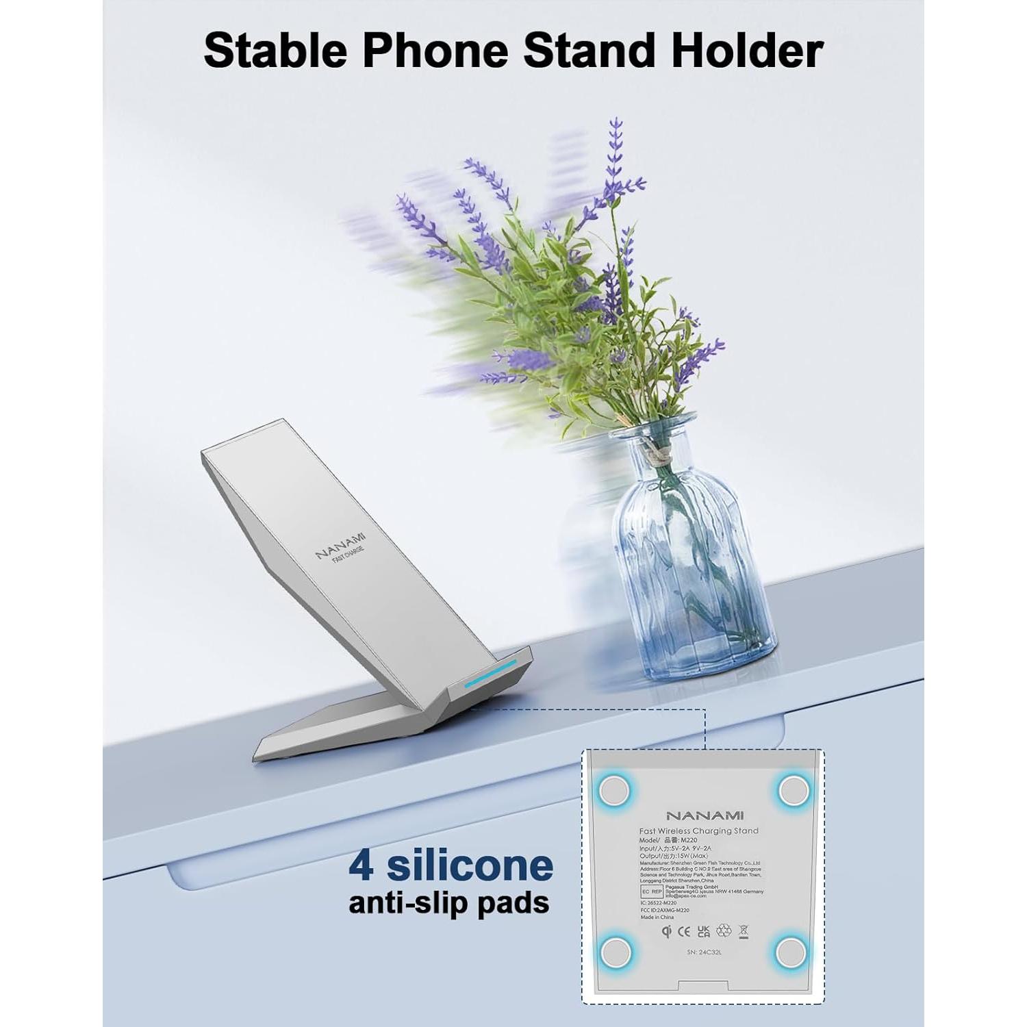 Cargador Inalámbrico Rápido NANAMI 20W con Soporte Qi Plata
