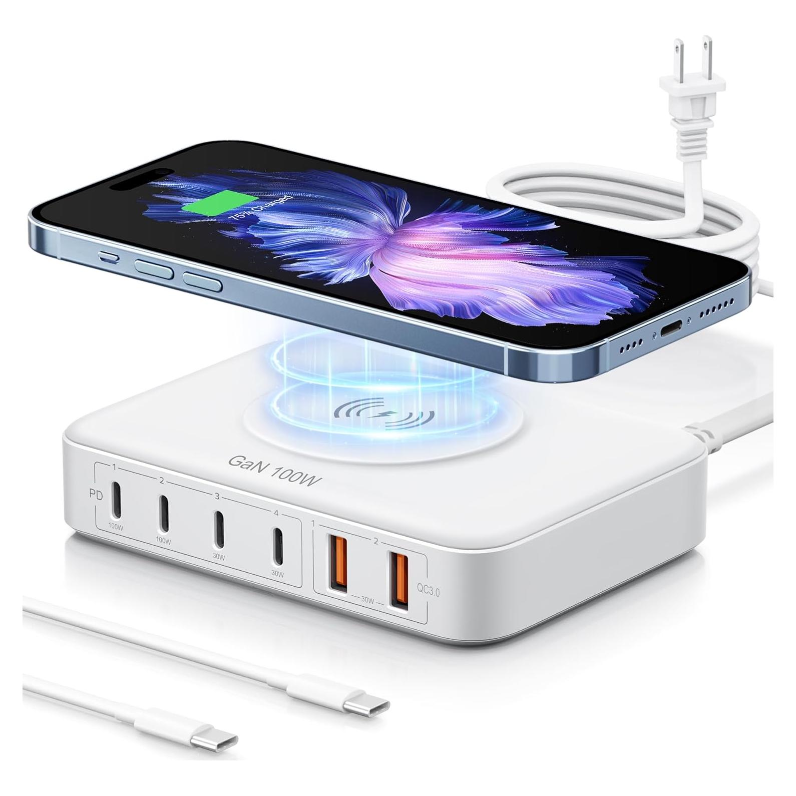 Cargador de Escritorio 6-en-1 Marnana 100W USB y Inalámbrico