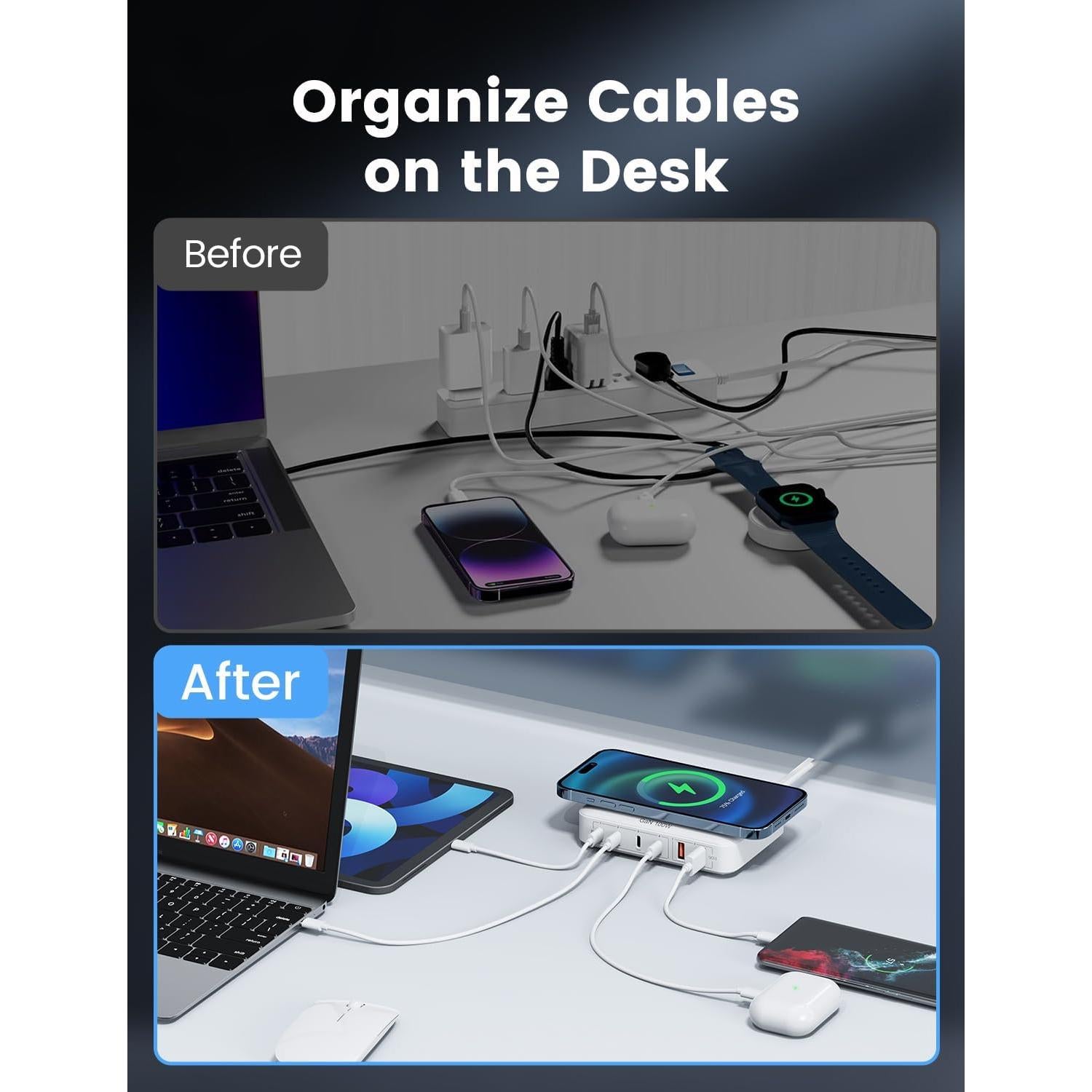 Cargador de Escritorio 6-en-1 Marnana 100W USB y Inalámbrico