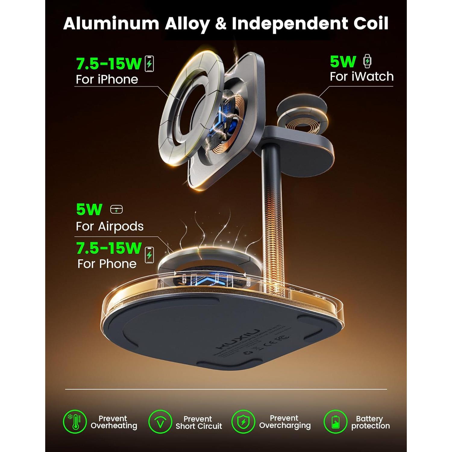 Cargador Inalámbrico 3 en 1 KU XIU X85 para iPhone, Negro