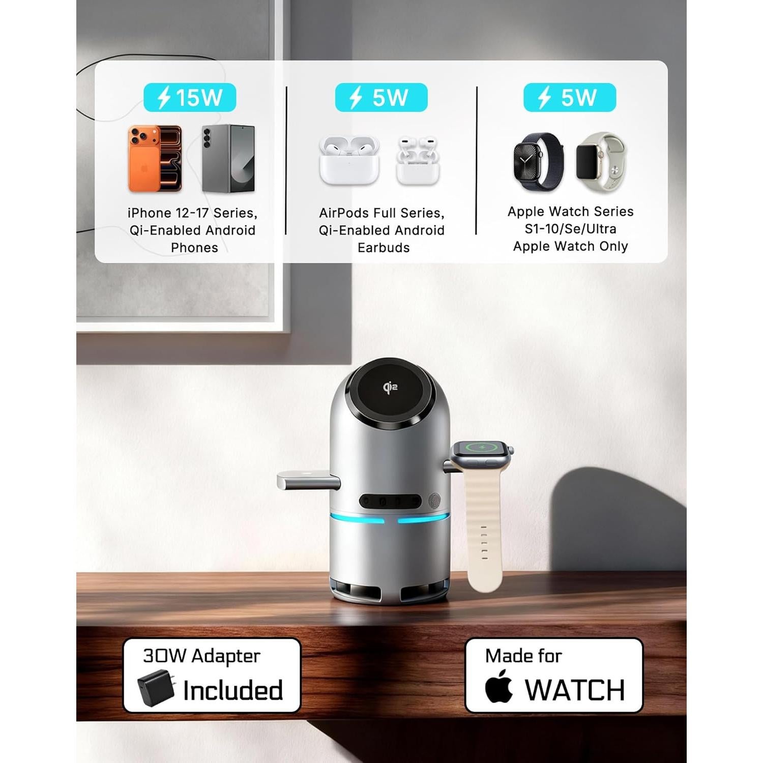 Estación de Carga Inalámbrica 3-en-1 Funtastech CS-S9B 30W