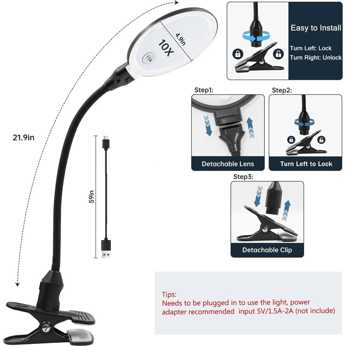 Lupa de 15X con luz LED Huiboer y soporte flexible