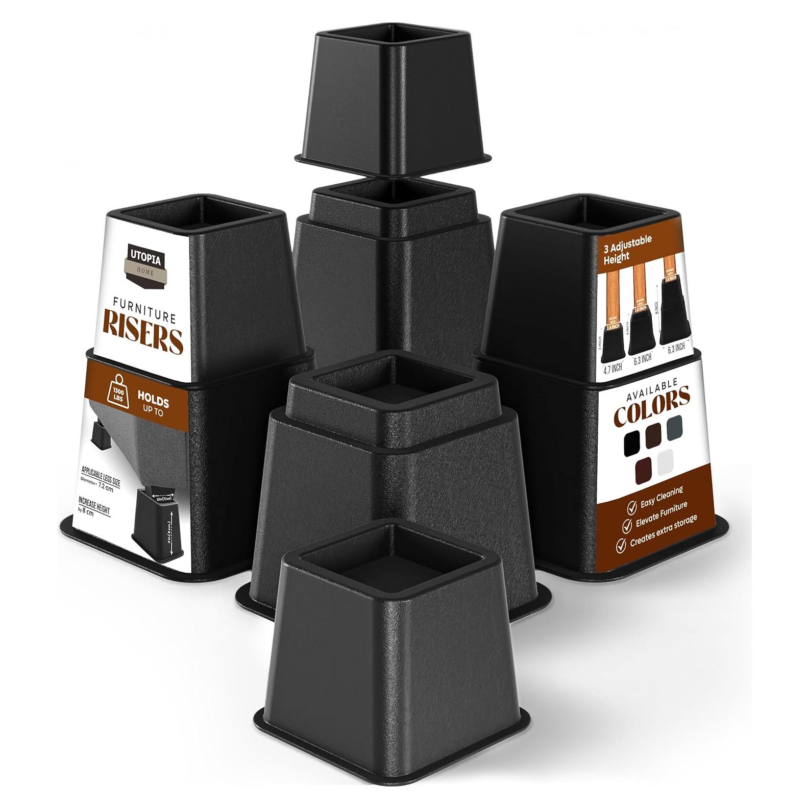 Elevadores de Cama Ajustables Utopia Bedding - 4 Piezas 7.62 a 20.32 cm - Soporta 590 kg - Negro