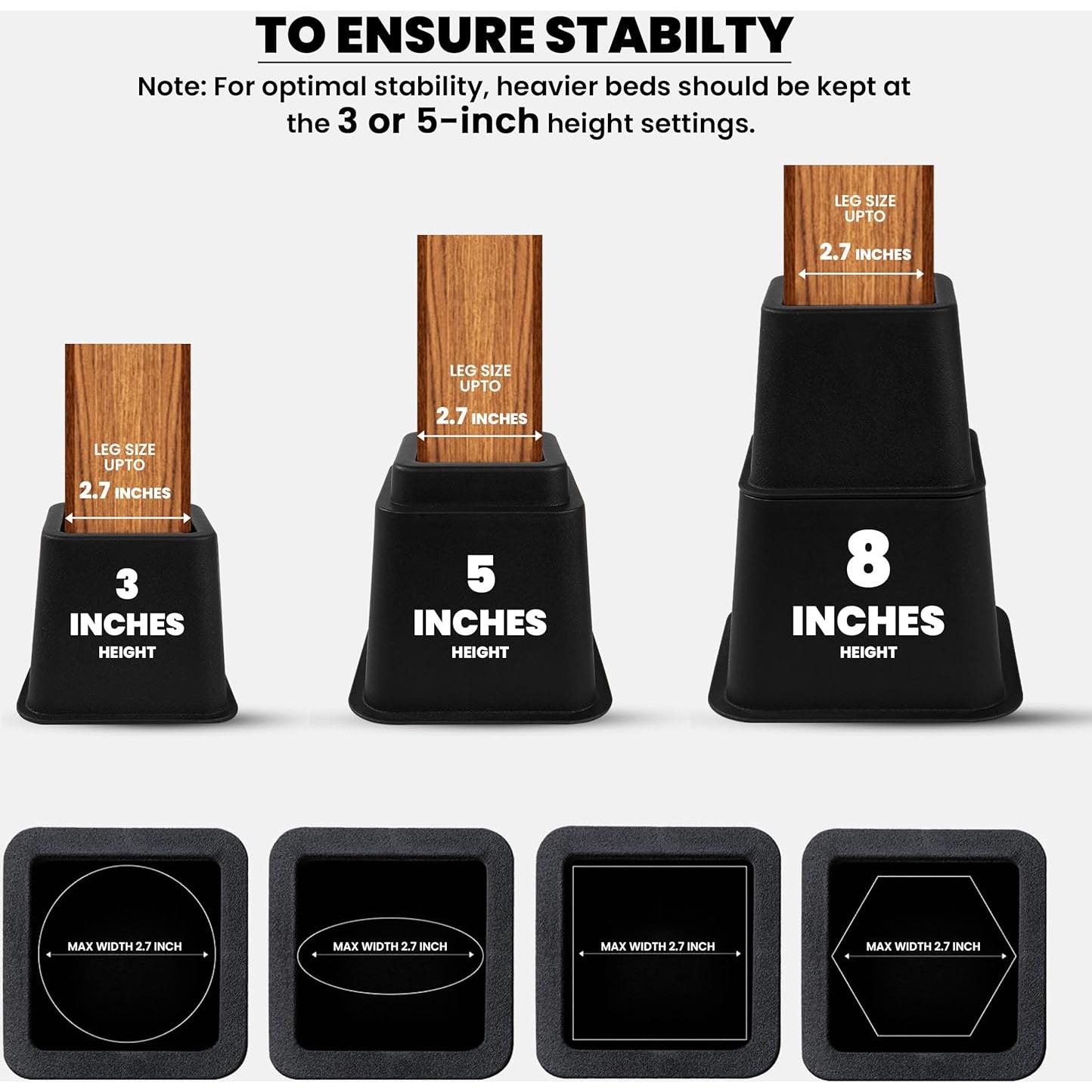 Elevadores de Cama Ajustables Utopia Bedding - 4 Piezas 7.62 a 20.32 cm - Soporta 590 kg - Negro