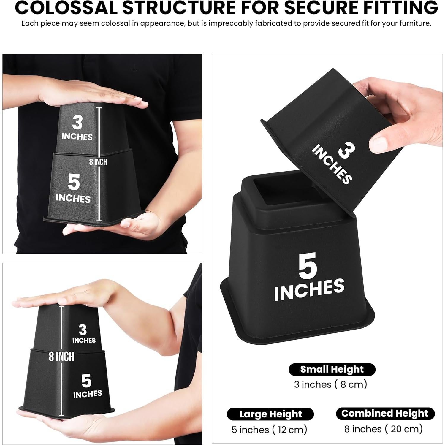 Elevadores de Cama Ajustables Utopia Bedding - 4 Piezas 7.62 a 20.32 cm - Soporta 590 kg - Negro