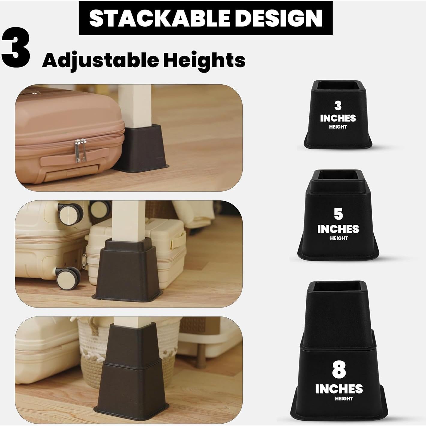 Elevadores de Cama Ajustables Utopia Bedding - 4 Piezas 7.62 a 20.32 cm - Soporta 590 kg - Negro