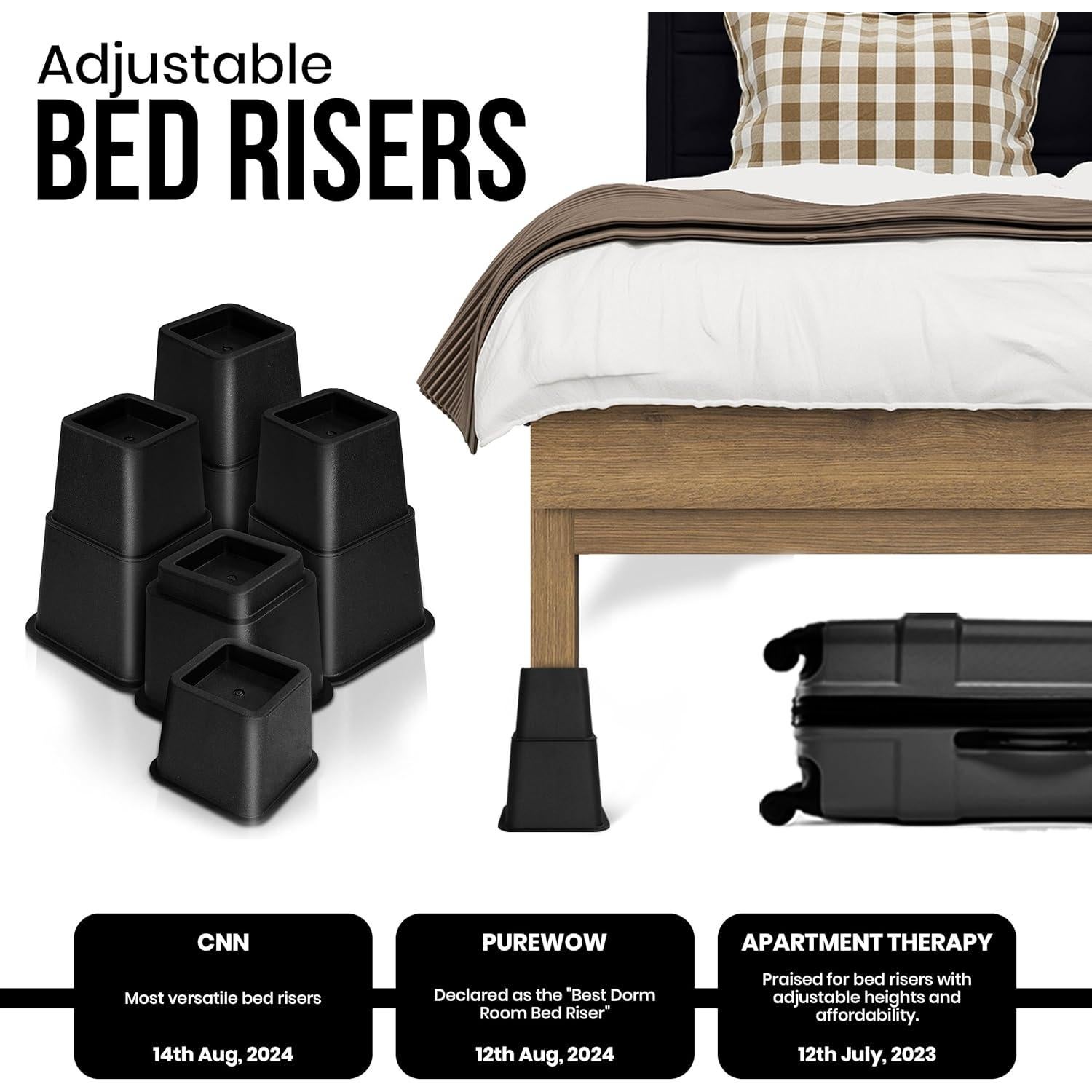 Elevadores de Cama Ajustables Utopia Bedding - 4 Piezas 7.62 a 20.32 cm - Soporta 590 kg - Negro