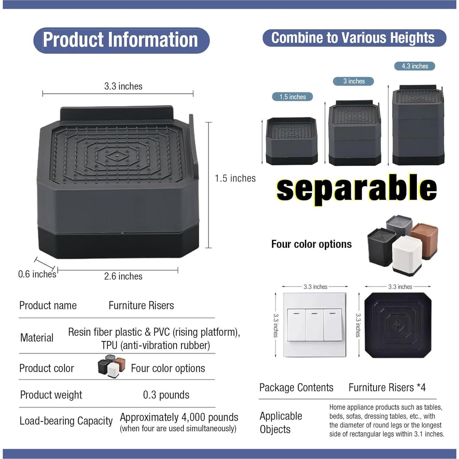 Elevadores de Muebles EclatBain Ajustables 4.3 Pulgadas 4 Piezas