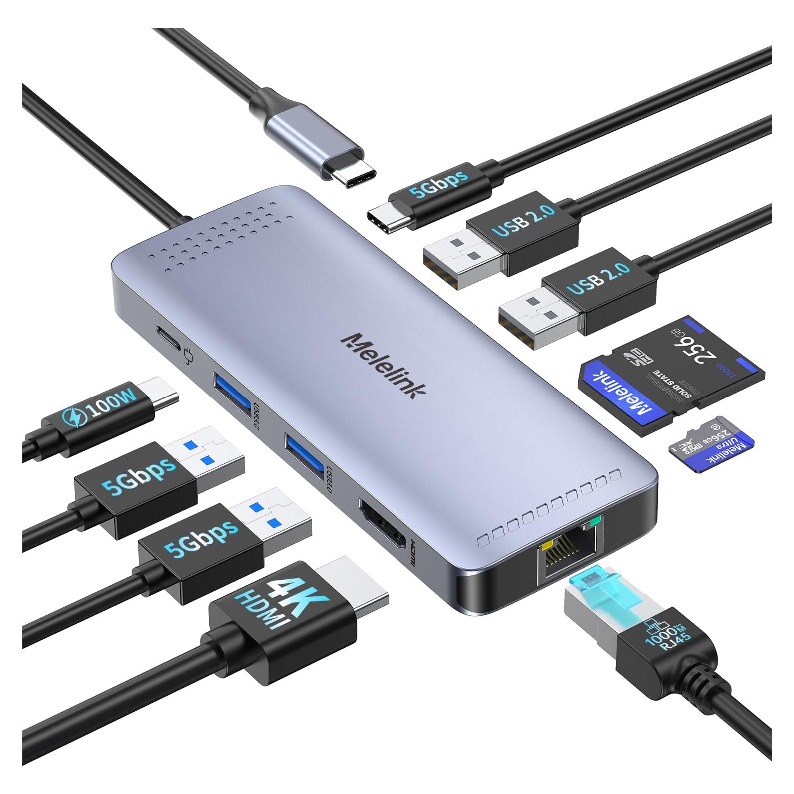 Hub USB C 10 en 1 Melelink con HDMI 4K, Ethernet y 100W PD