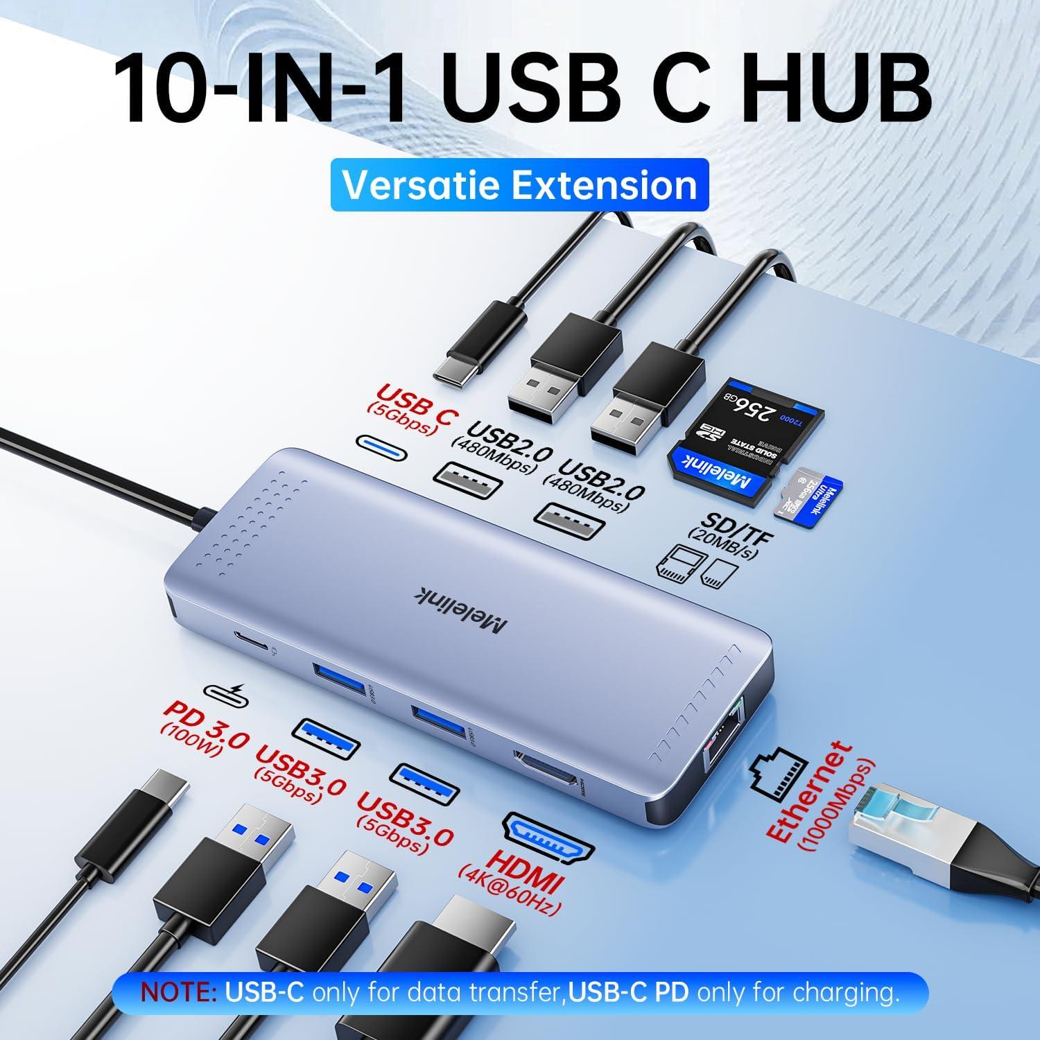 Hub USB C 10 en 1 Melelink con HDMI 4K, Ethernet y 100W PD