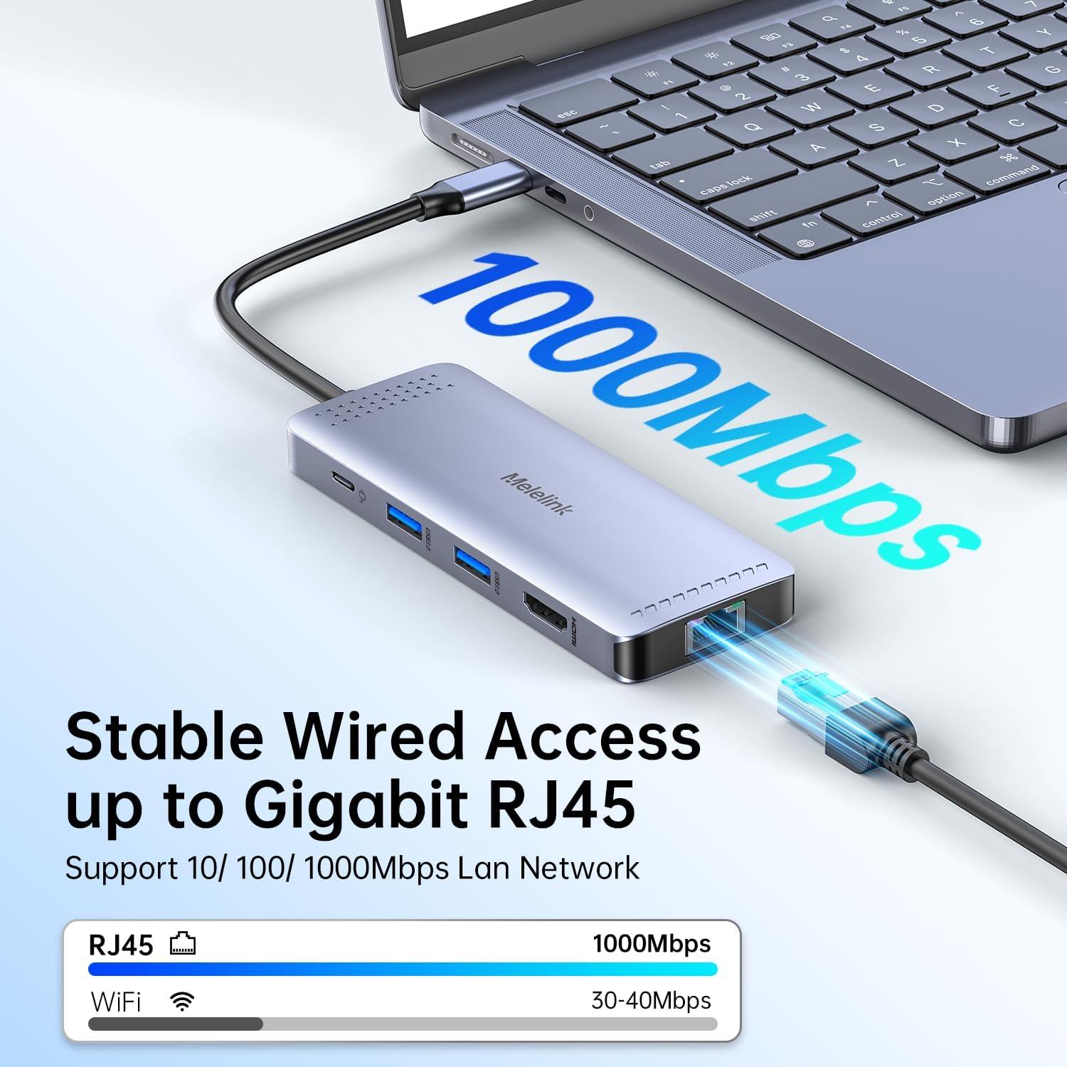 Hub USB C 10 en 1 Melelink con HDMI 4K, Ethernet y 100W PD