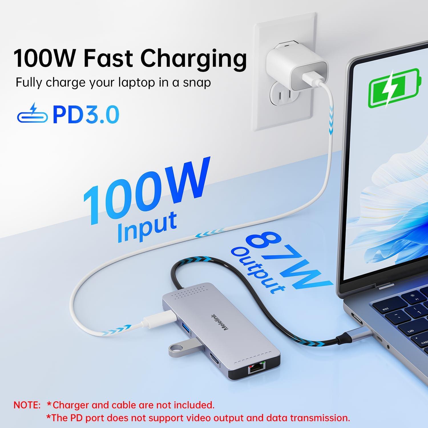 Hub USB C 10 en 1 Melelink con HDMI 4K, Ethernet y 100W PD