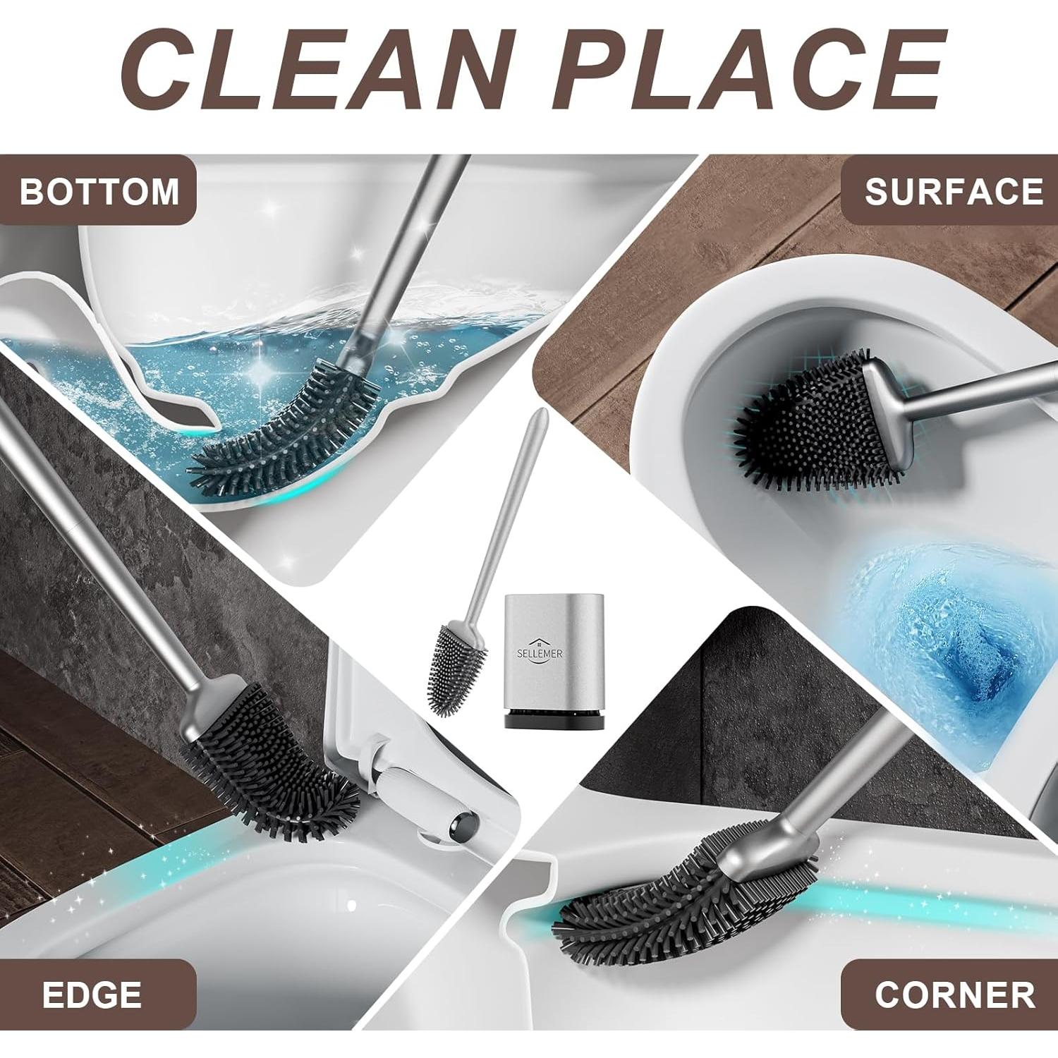 Juego de cepillo y soporte para inodoro Sellemer - Cerdas de silicona, plata