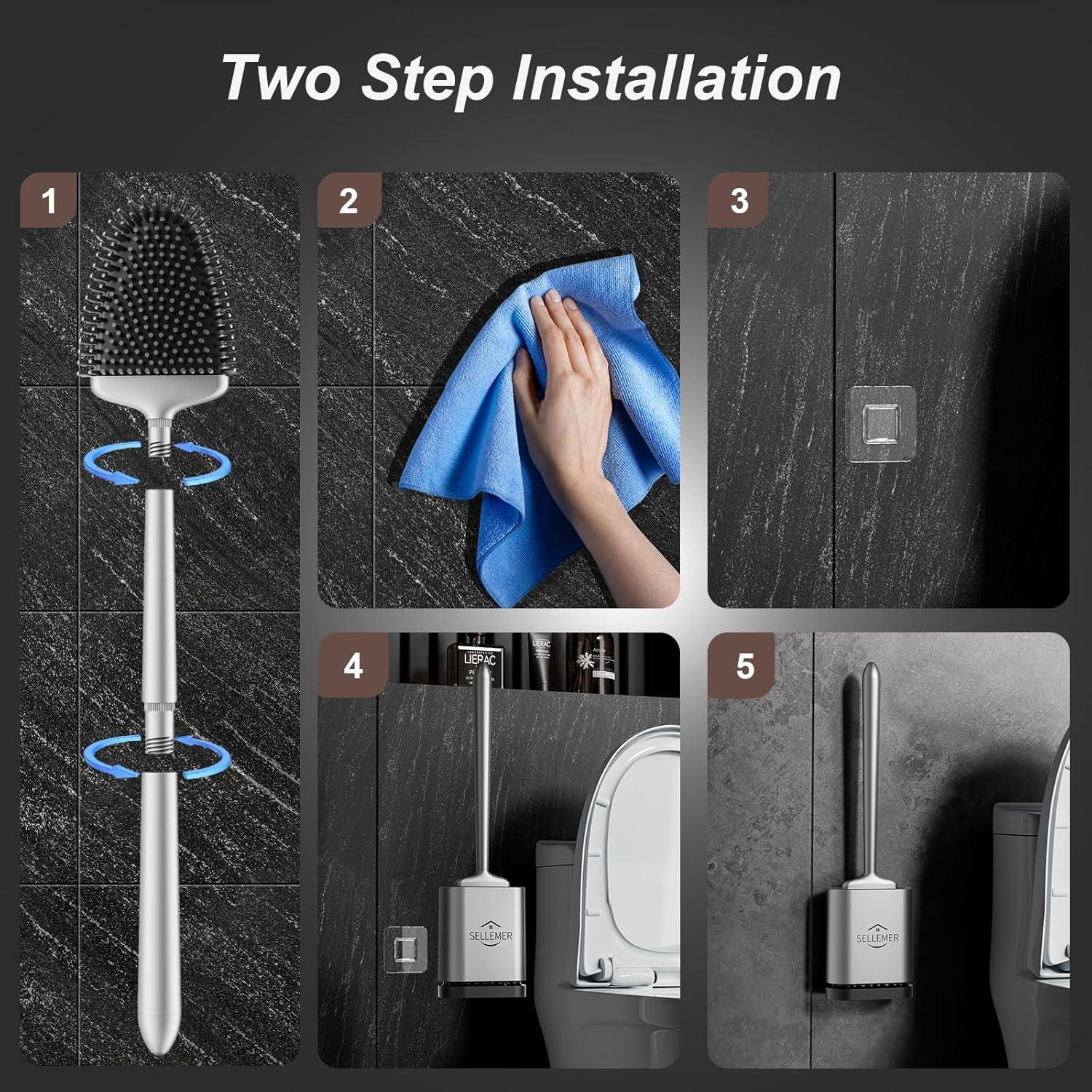 Juego de cepillo y soporte para inodoro Sellemer - Cerdas de silicona, plata