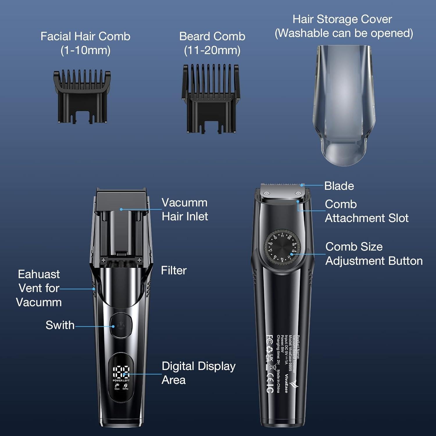Recortadora de Barba VivaEase con Vacío, Ajustable 1-20mm