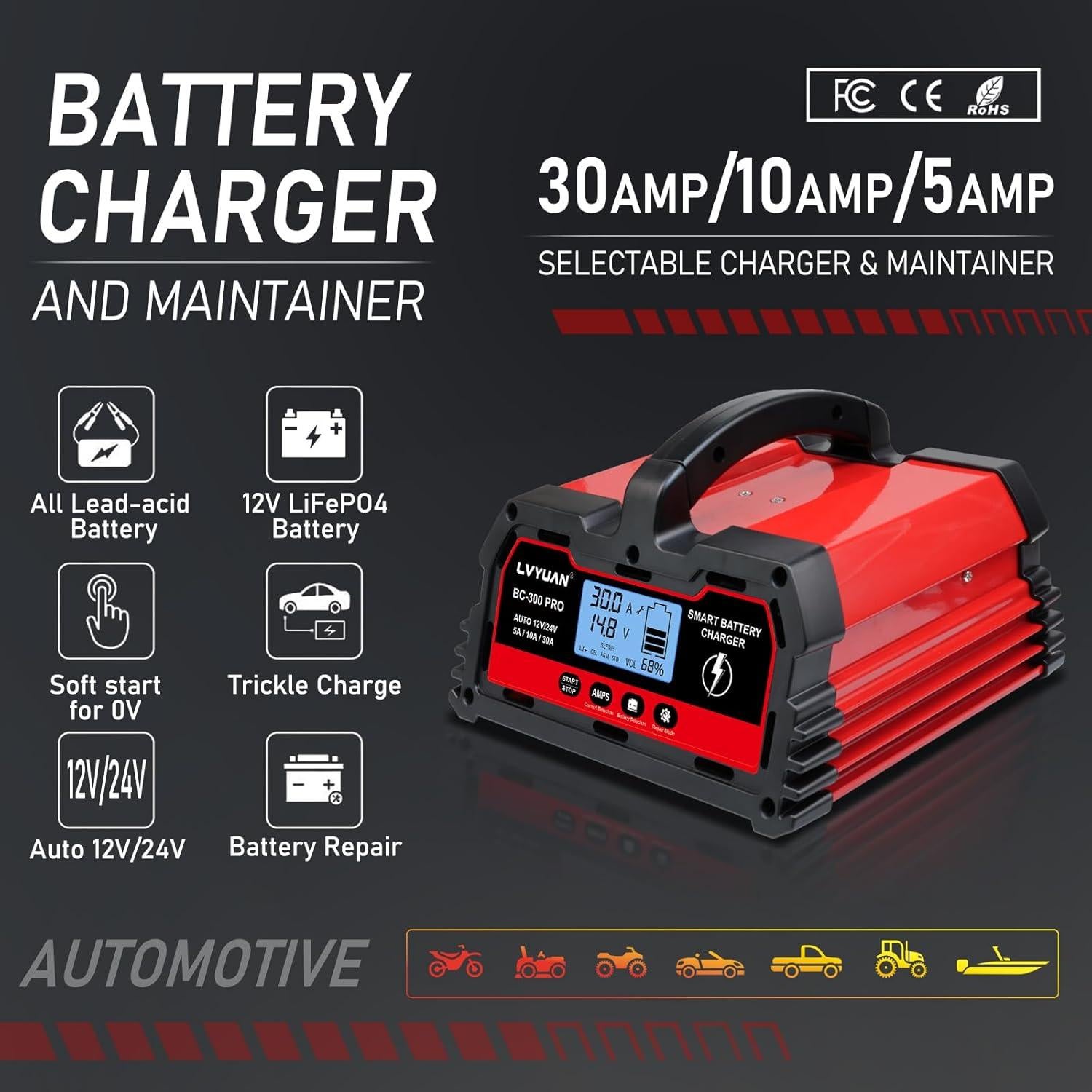 Cargador de batería inteligente LVYUAN 30A 12V/24V LCD