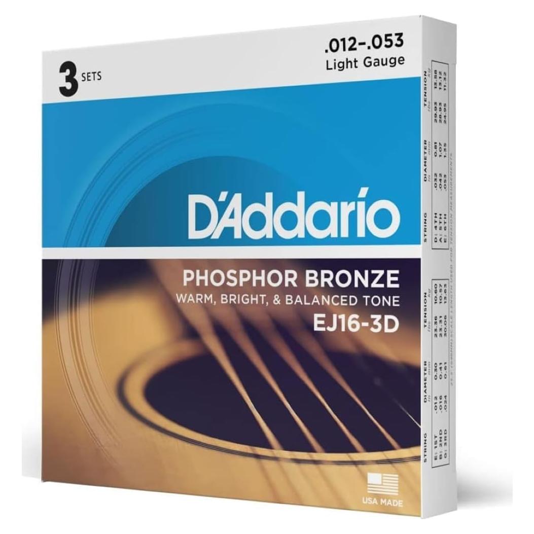 Cuerdas de guitarra acústica D'Addario EJ16-3D 12-53 Ligera 3-Pack