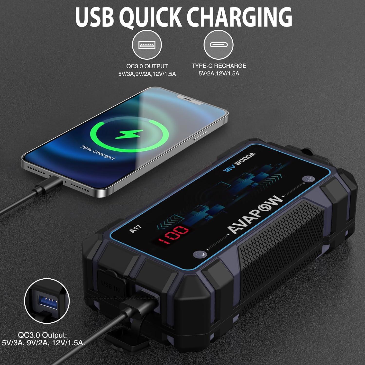 AVAPOW Arrancador de Batería A17 2000A 12V USB LED