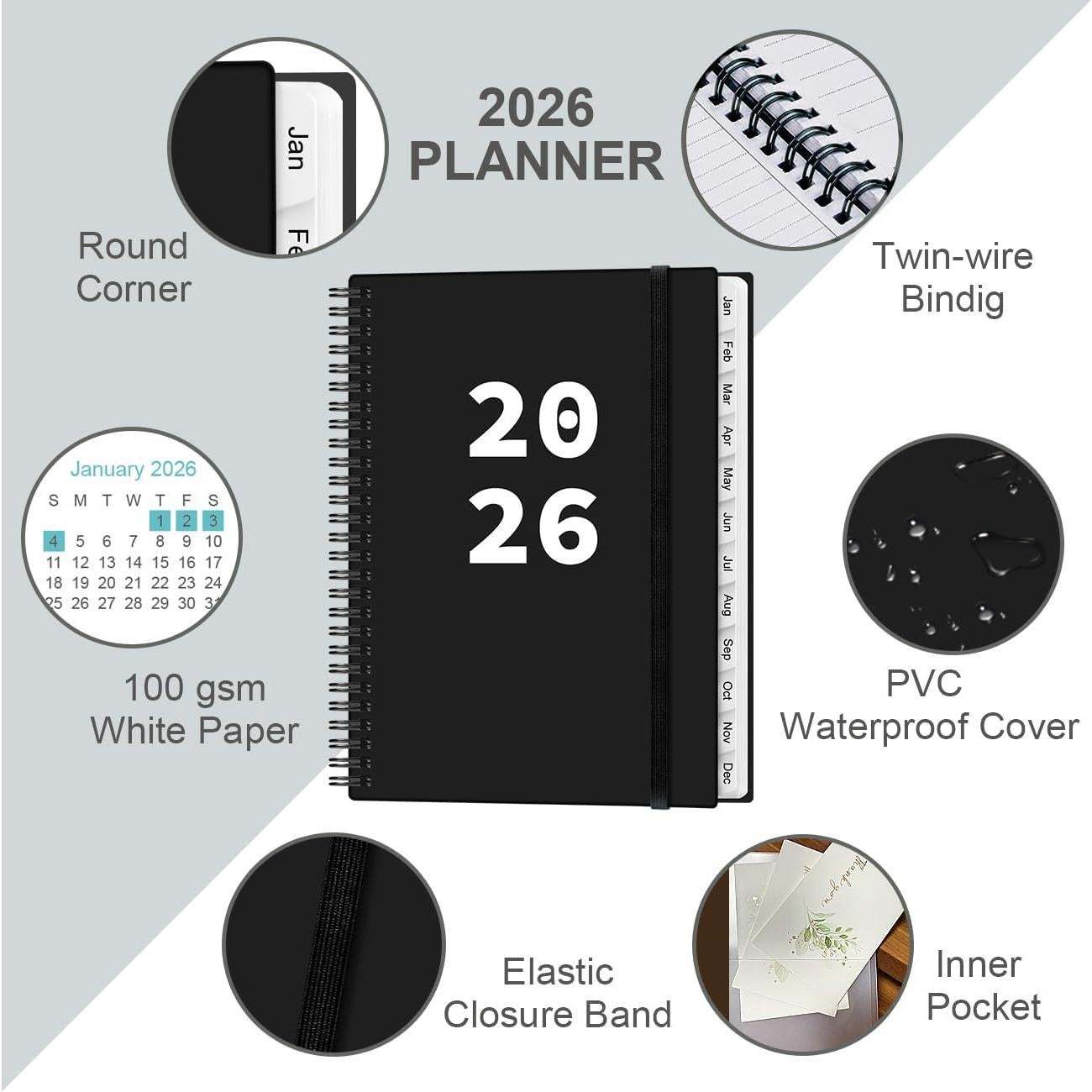 Planificador 2026 Heveboik A4 Negro con 12 Pestañas