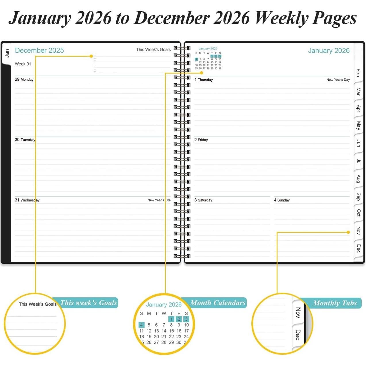 Planificador 2026 Heveboik A4 Negro con 12 Pestañas