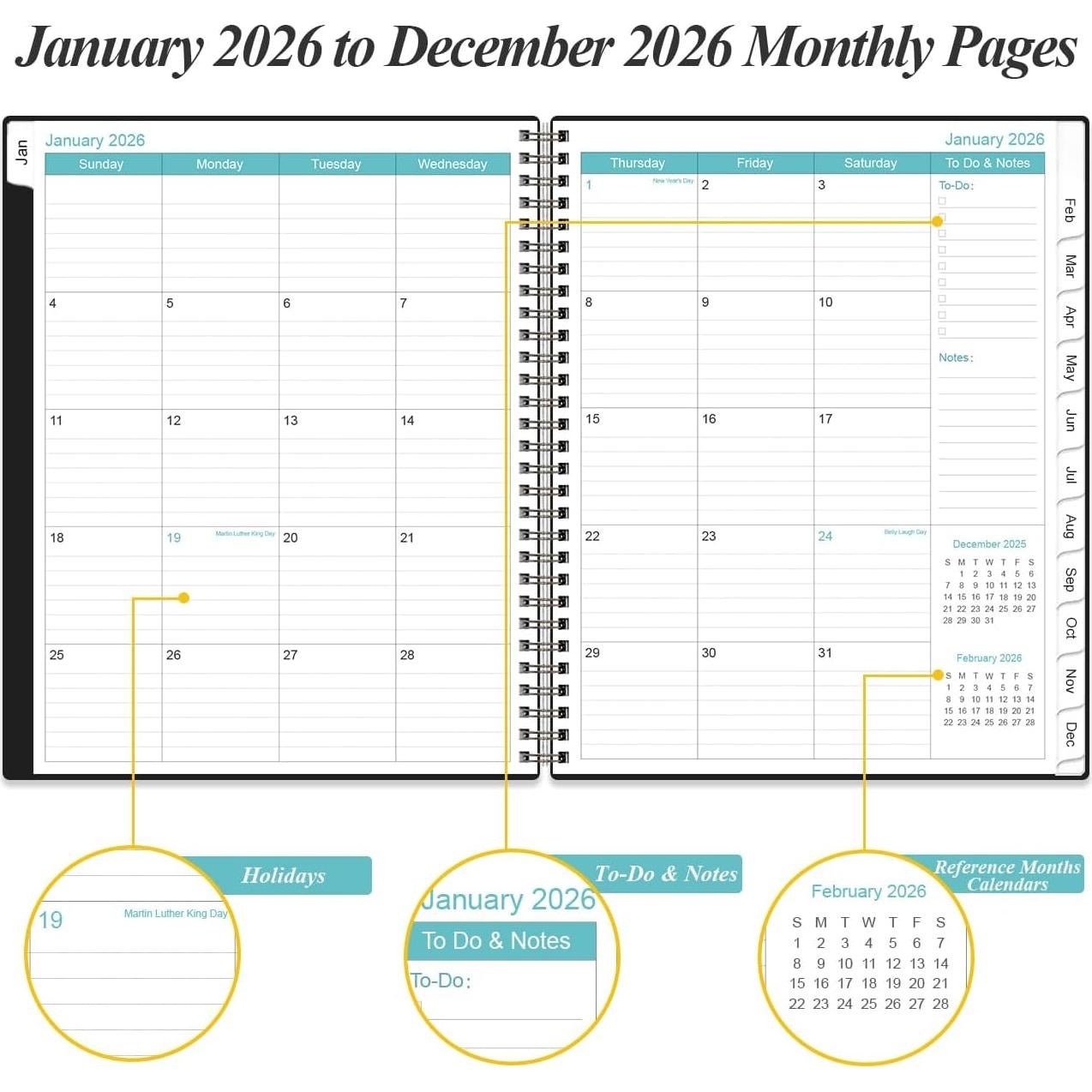 Planificador 2026 Heveboik A4 Negro con 12 Pestañas