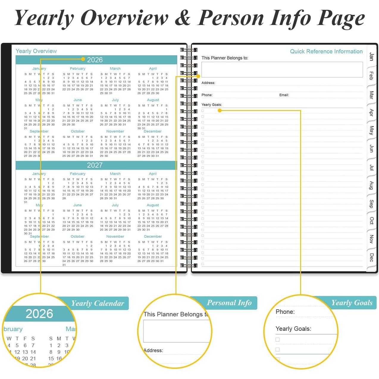 Planificador 2026 Heveboik A4 Negro con 12 Pestañas