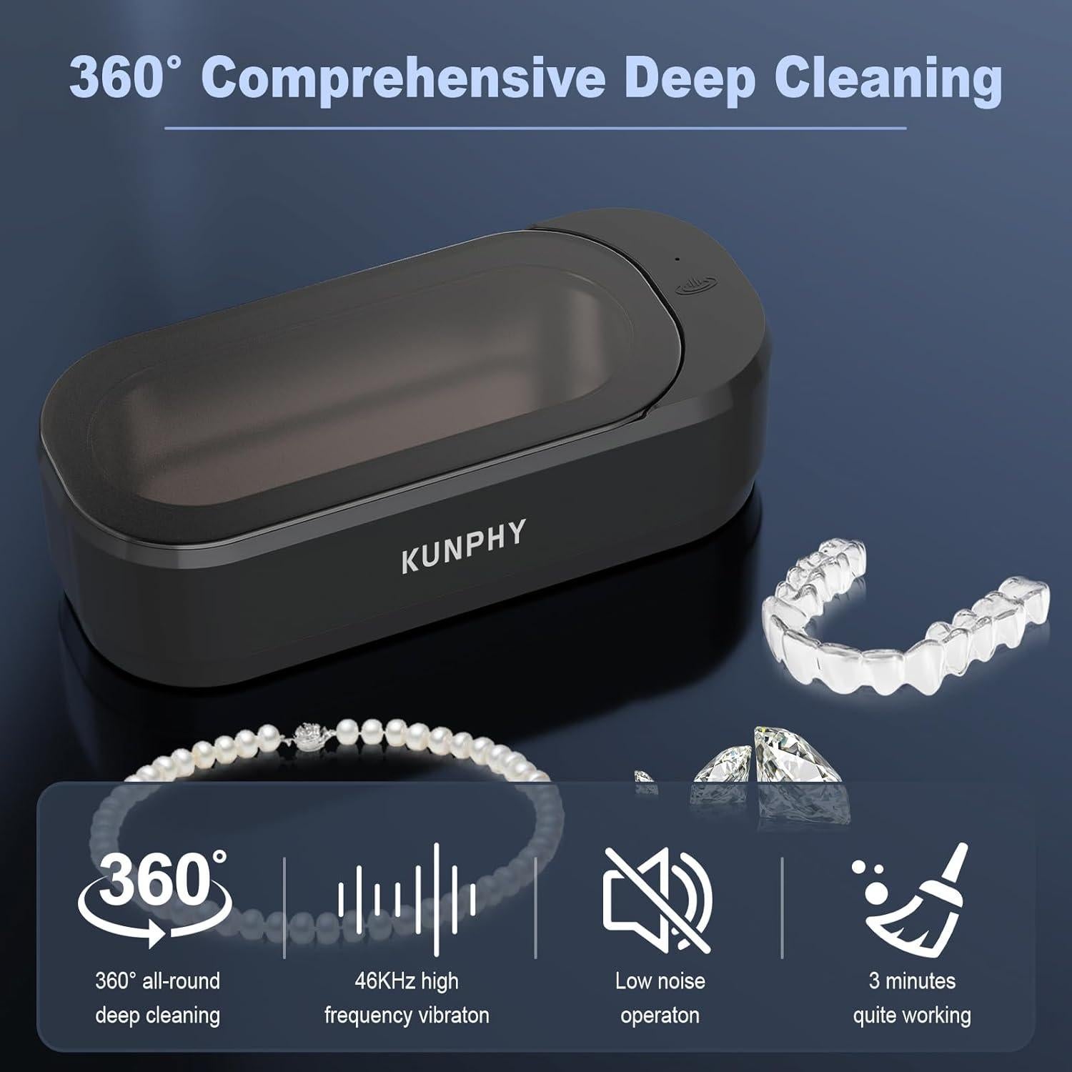 Limpiador Ultrasónico de Joyas Kunphy 350ml 46KHz Negro
